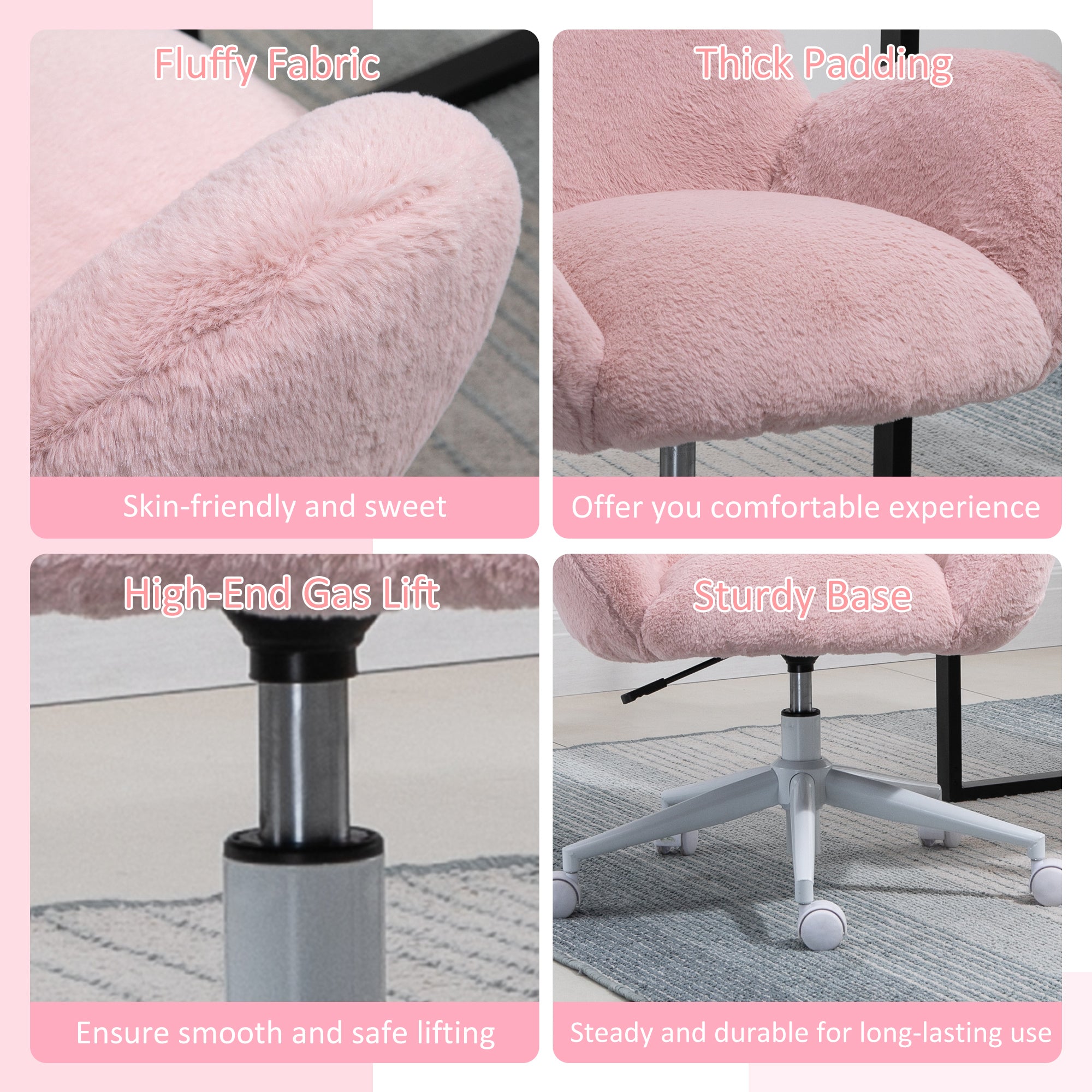 HOMCOM Fluffy Desk Chair, Cute Makeup Vanity Chair with Rolling Wheels for Home Bedroom Living Room, Pink