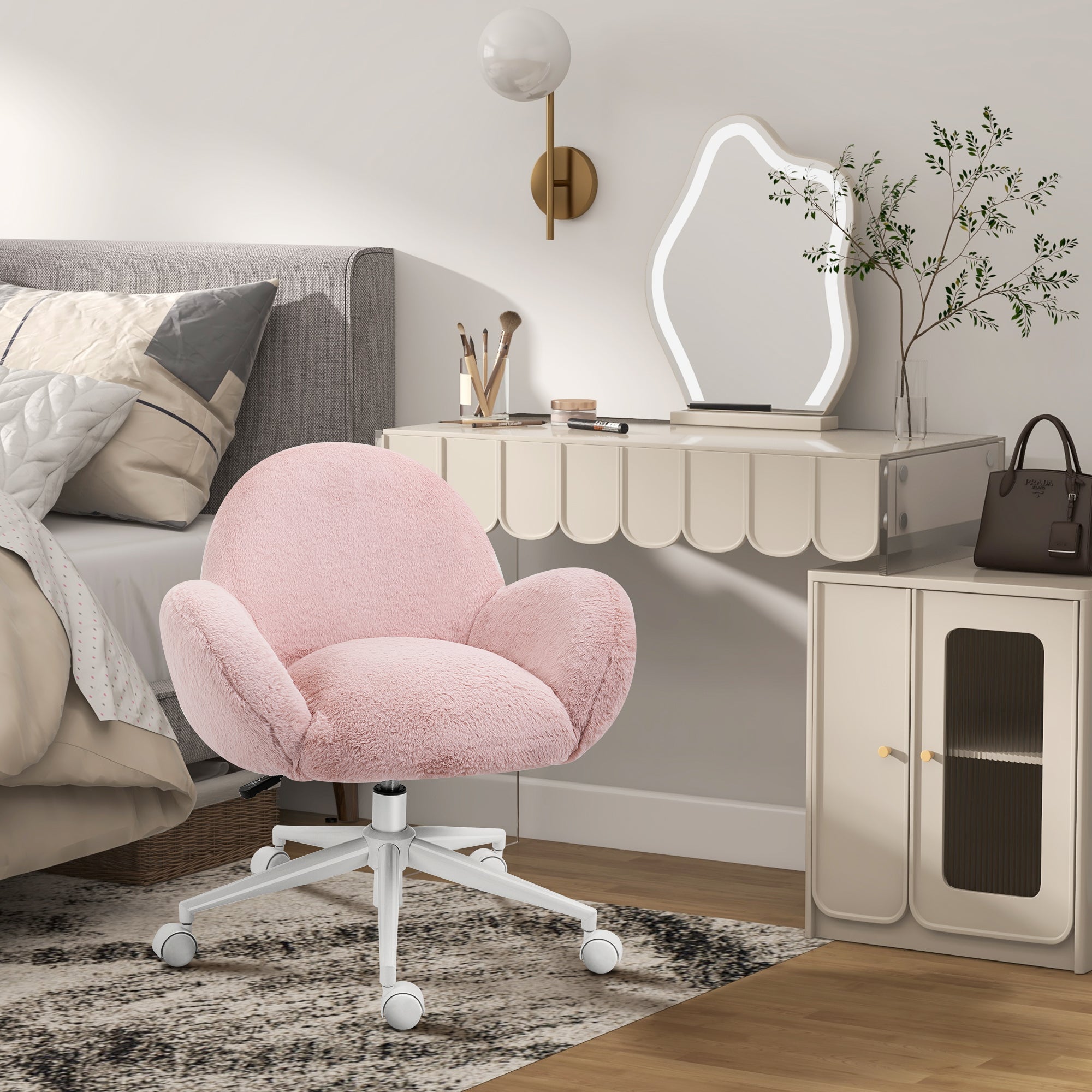 HOMCOM Fluffy Desk Chair, Cute Makeup Vanity Chair with Rolling Wheels for Home Bedroom Living Room, Pink