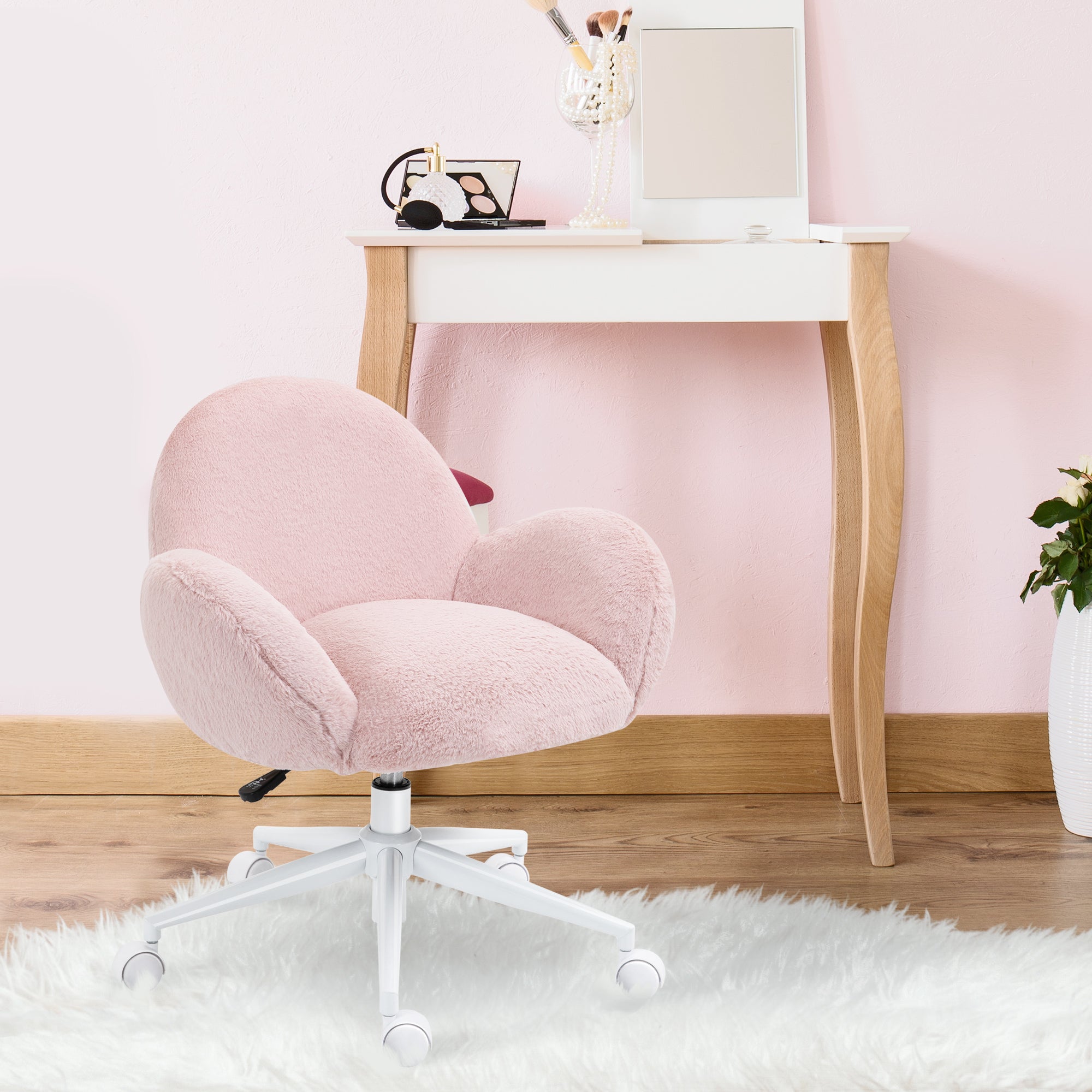 HOMCOM Fluffy Desk Chair, Cute Makeup Vanity Chair with Rolling Wheels for Home Bedroom Living Room, Pink