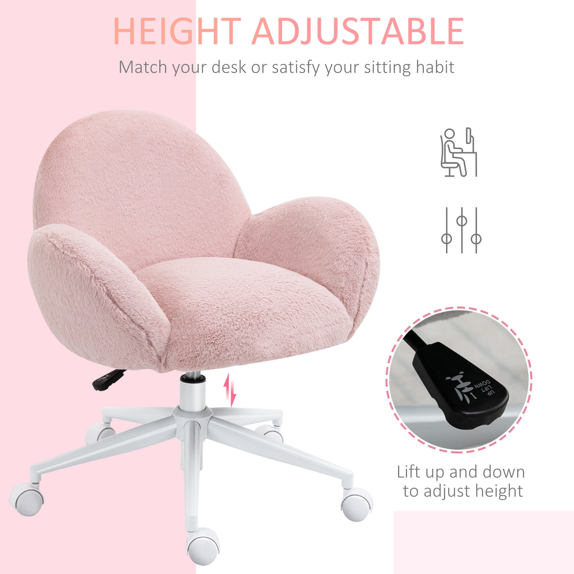 HOMCOM Fluffy Desk Chair, Cute Makeup Vanity Chair with Rolling Wheels for Home Bedroom Living Room, Pink
