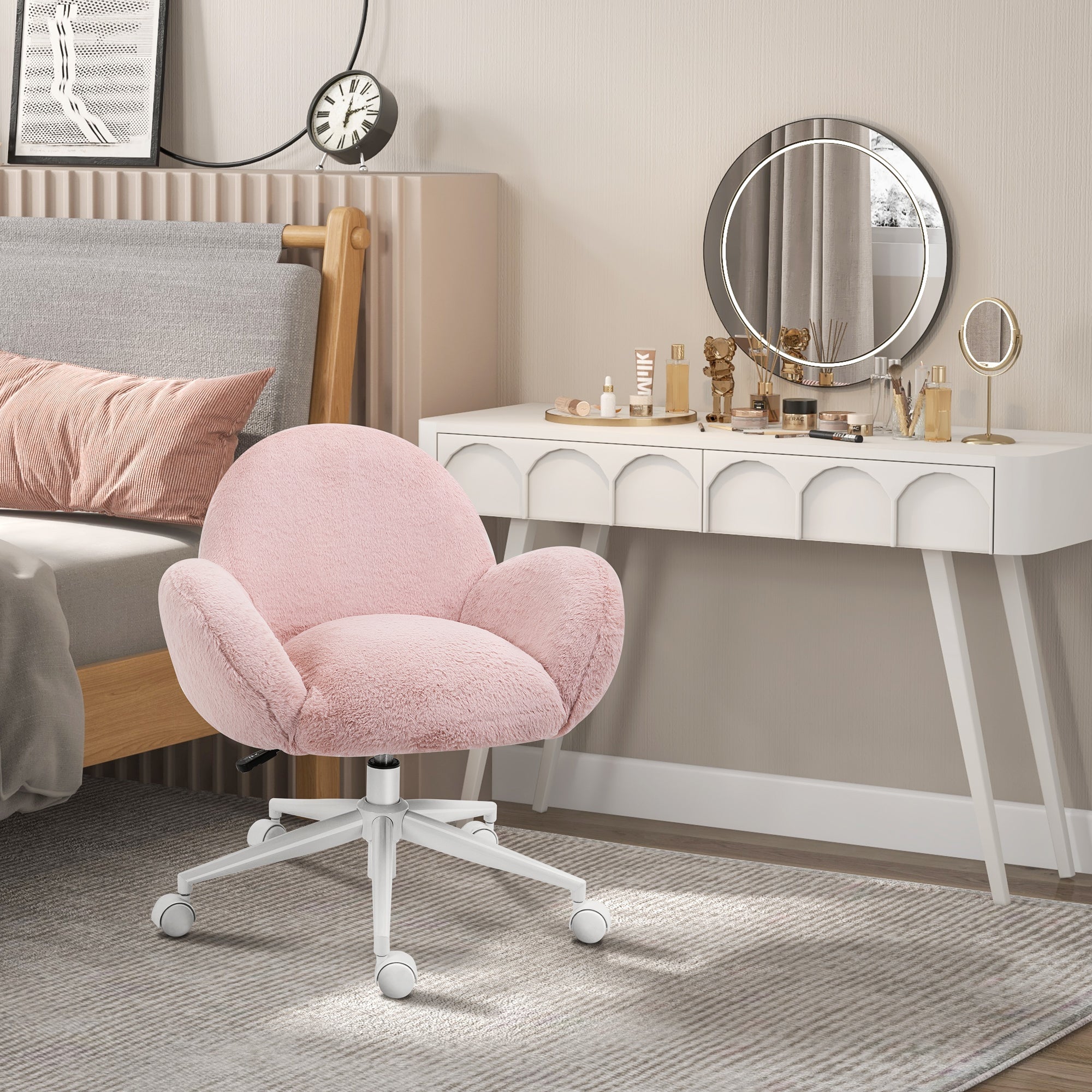 HOMCOM Fluffy Desk Chair, Cute Makeup Vanity Chair with Rolling Wheels for Home Bedroom Living Room, Pink