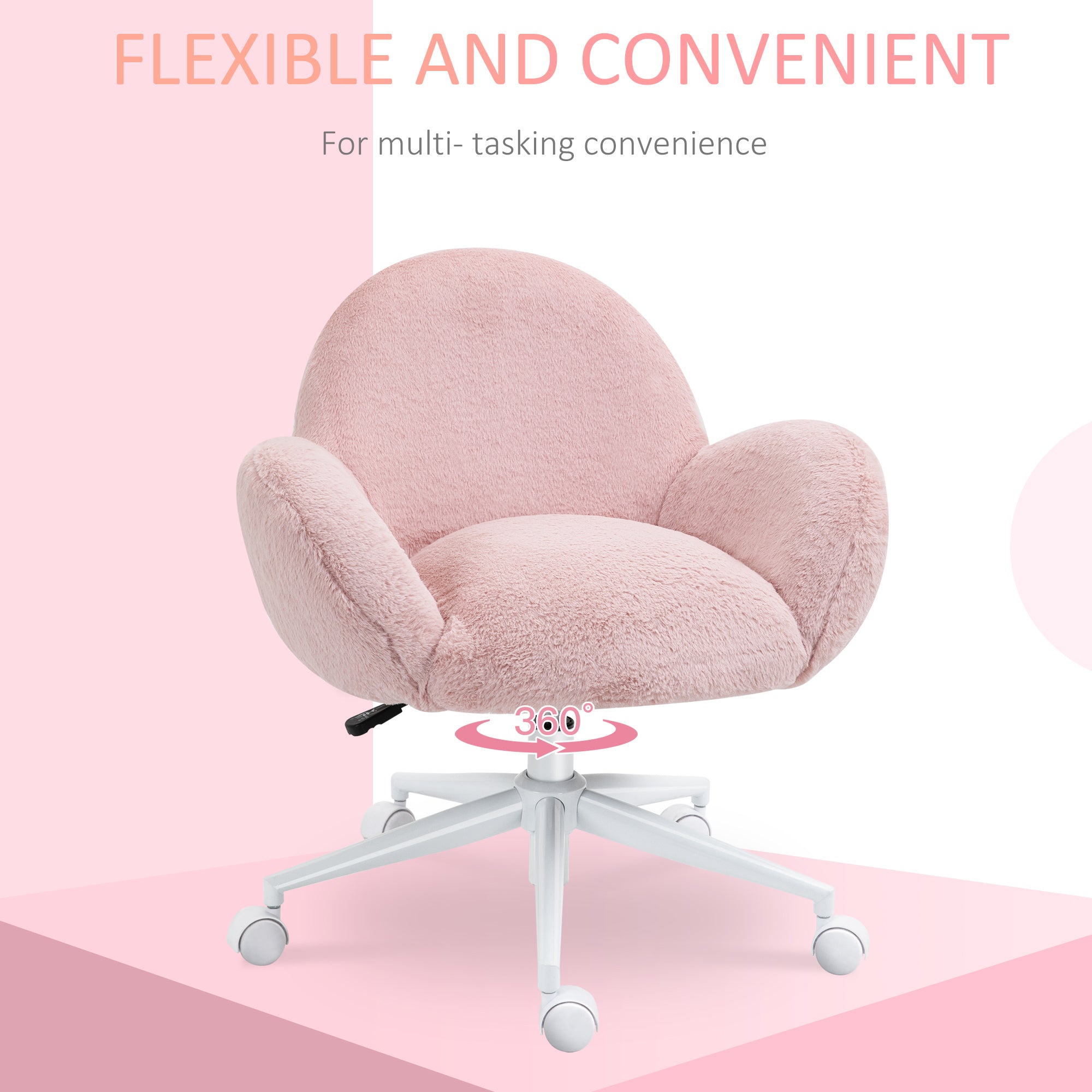 HOMCOM Fluffy Desk Chair, Cute Makeup Vanity Chair with Rolling Wheels for Home Bedroom Living Room, Pink