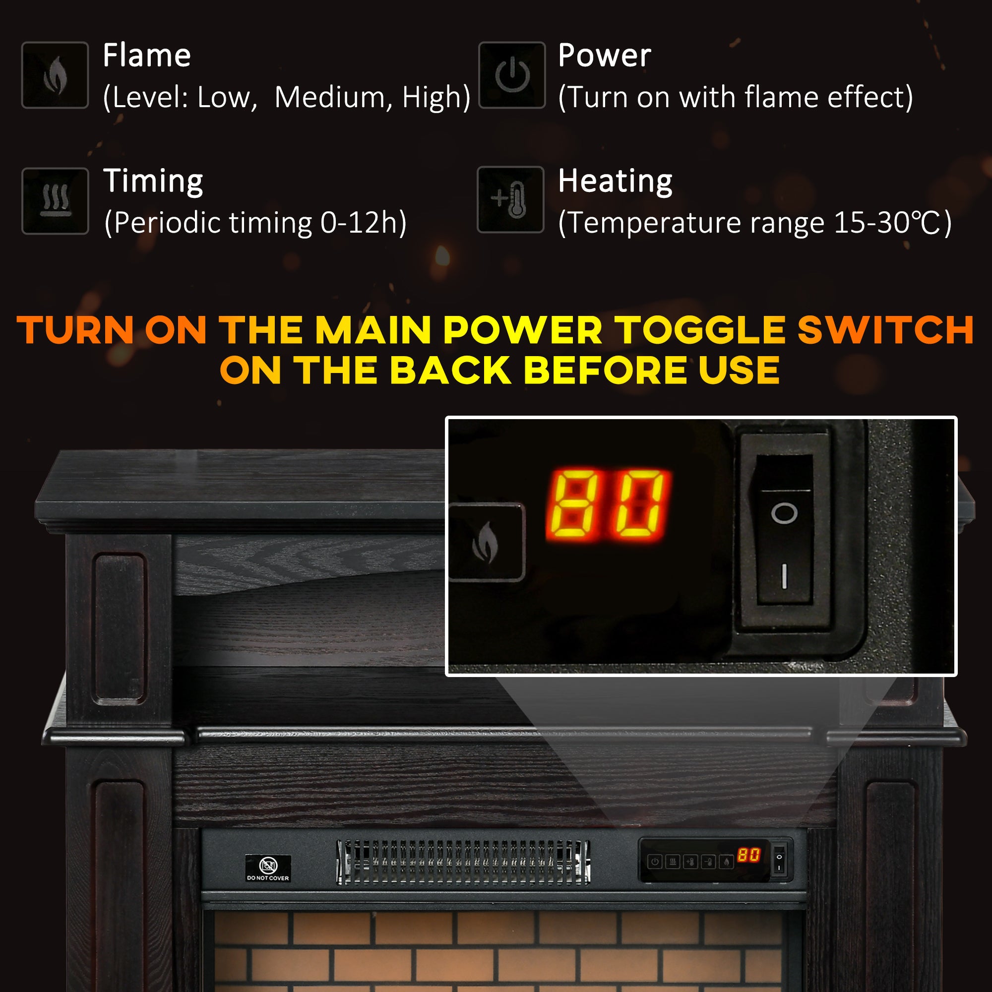 32" Electric Fireplace with Mantel, Freestanding Heater with LED Log Flame, Shelf and Remote Control, 1400W, Brown