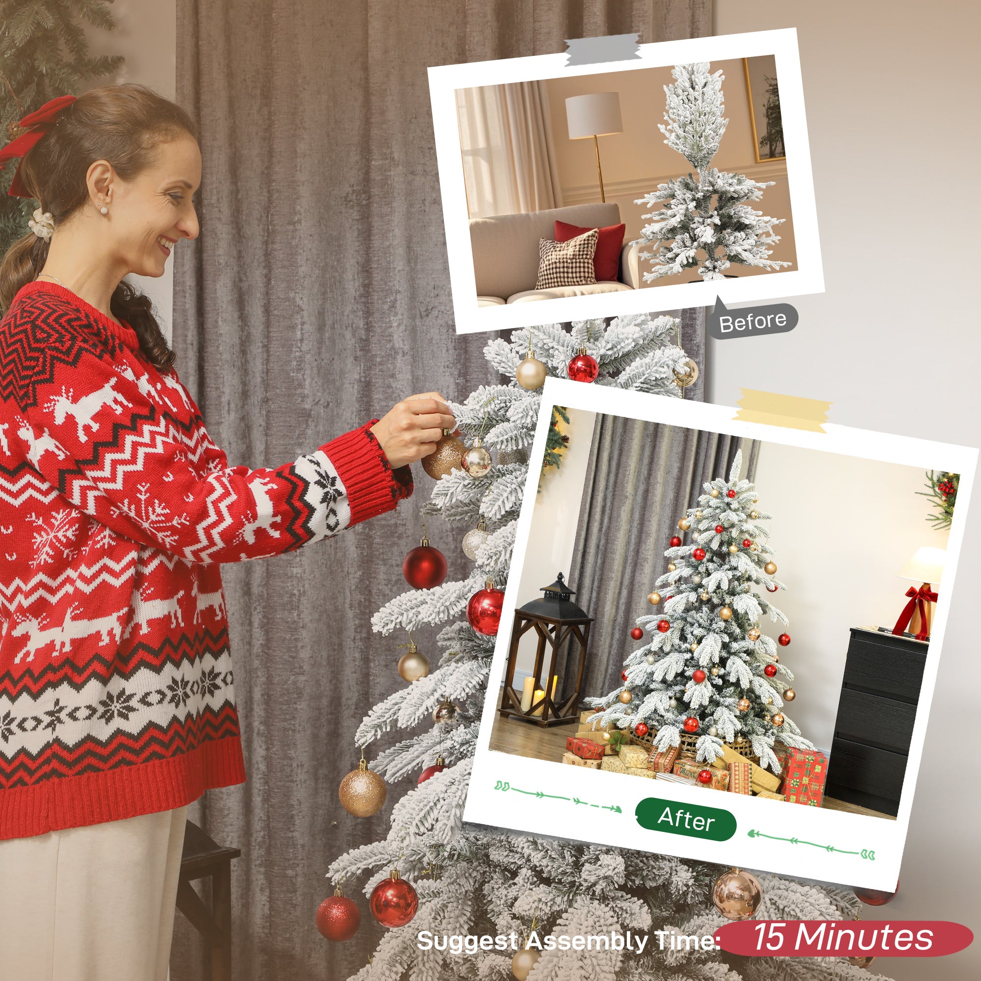 5ft Artificial Christmas Tree, Snow Flocked Christmas Tree with Realistic Dense Branches, Hinged Design, Metal Stand, Wide Shape, Easy Assembly, Xmas Home Decoration, Green White