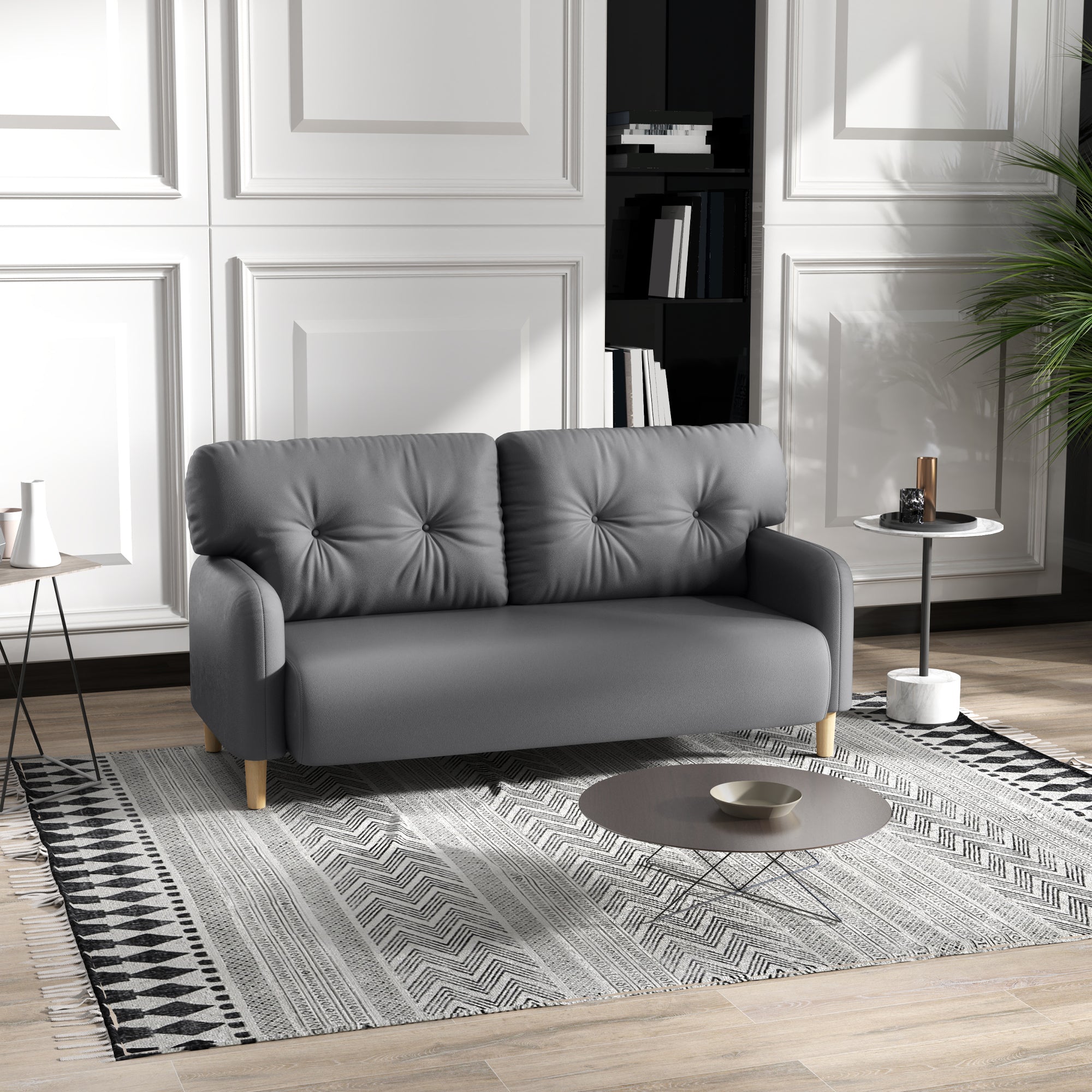 HOMCOM 58" Loveseat Sofa for Bedroom, Modern Love Seats Furniture, Upholstered 2 Seater Couch with 2 Tufted Back Cushions, Solid Wood Frame, Grey
