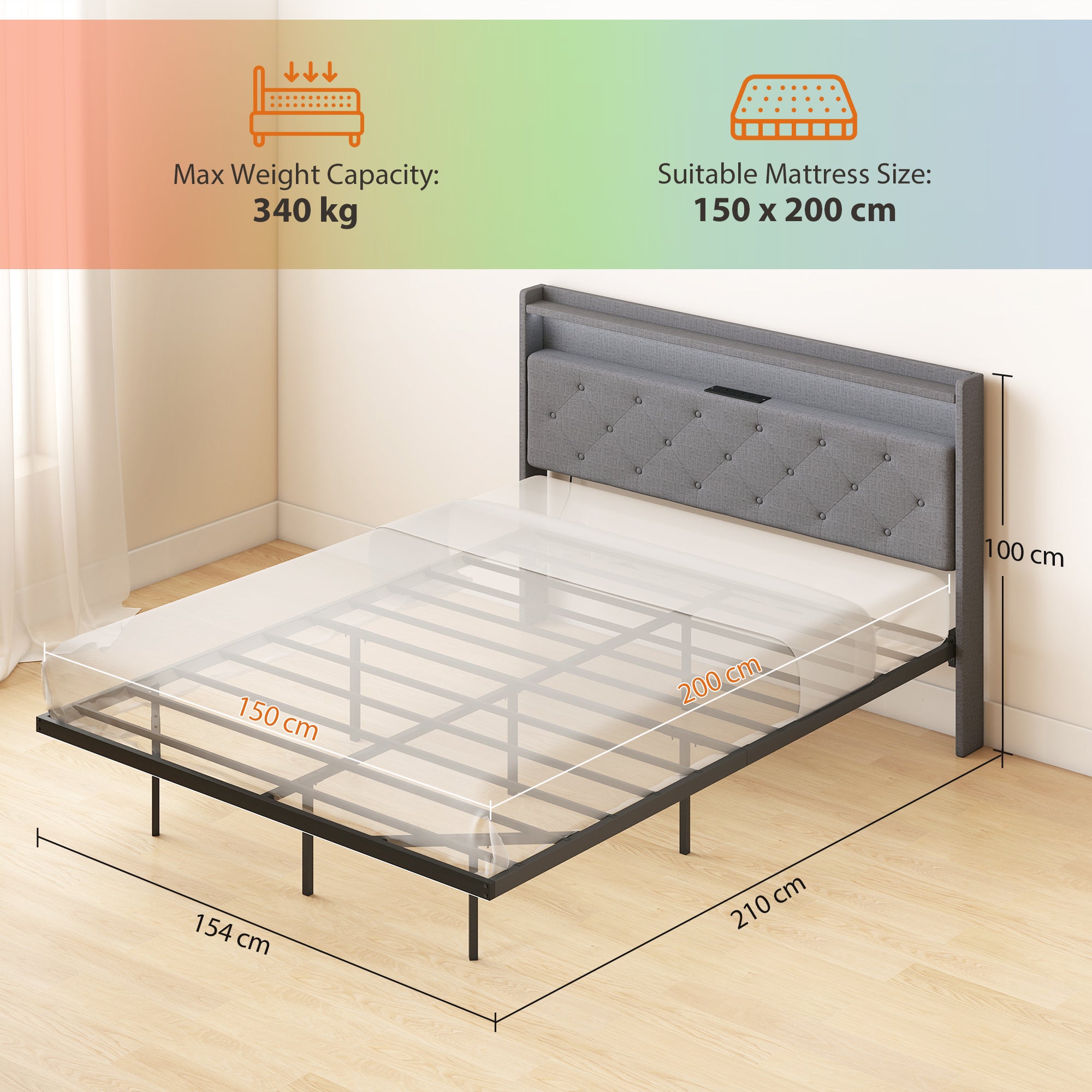 5ft King Size Bed Frame, Floating Bed Frame with Music Sync RGB LED Lights and Charging Station, Upholstered Headboard with Storage Shelves, No Box Spring Needed, Noise Free, Grey