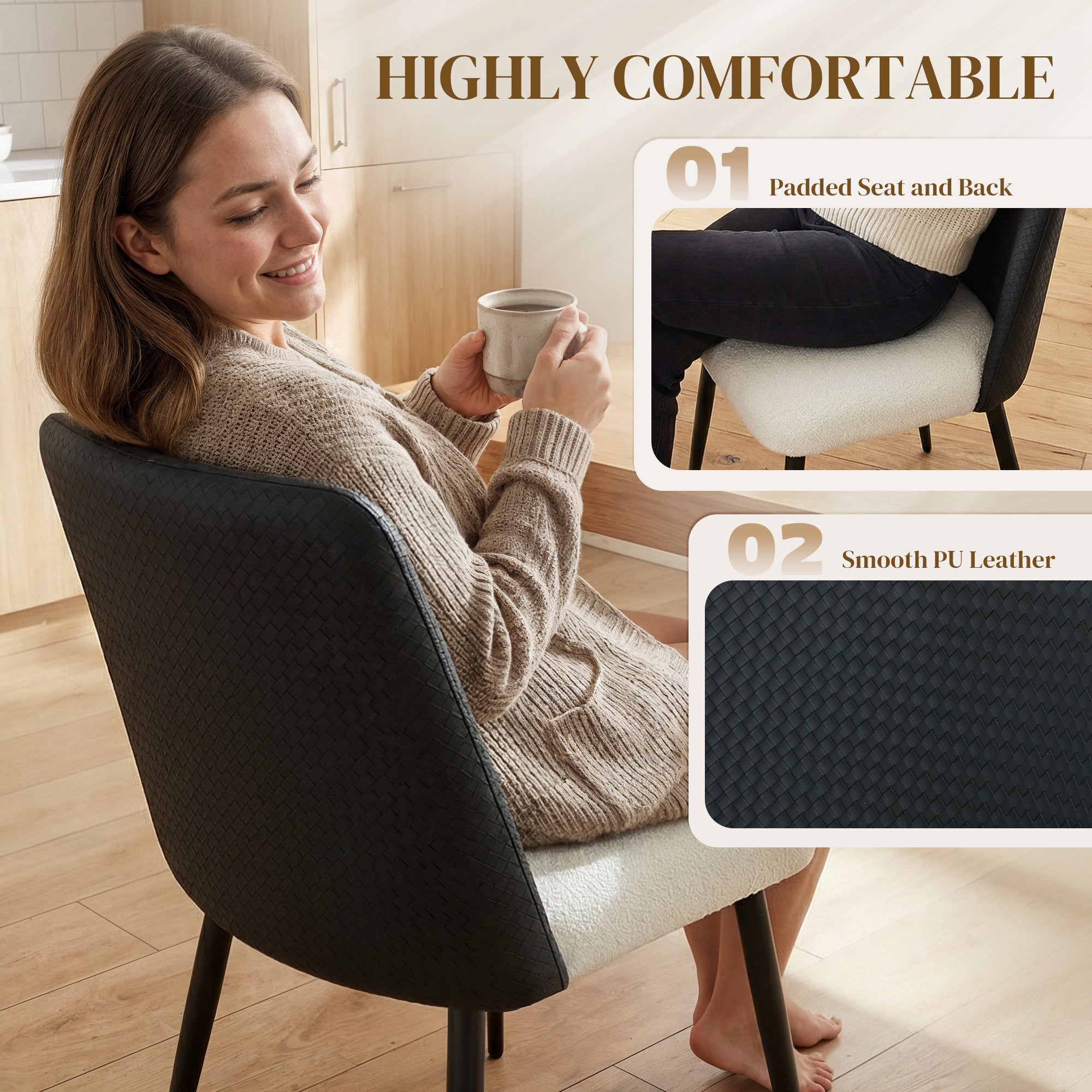 Dining Chairs Set of 2, Upholstered Kitchen Chairs with Padded Seat, Adjustable Foot Pads, Powder-Coated Steel Legs for Dining Room, Kitchen, Black
