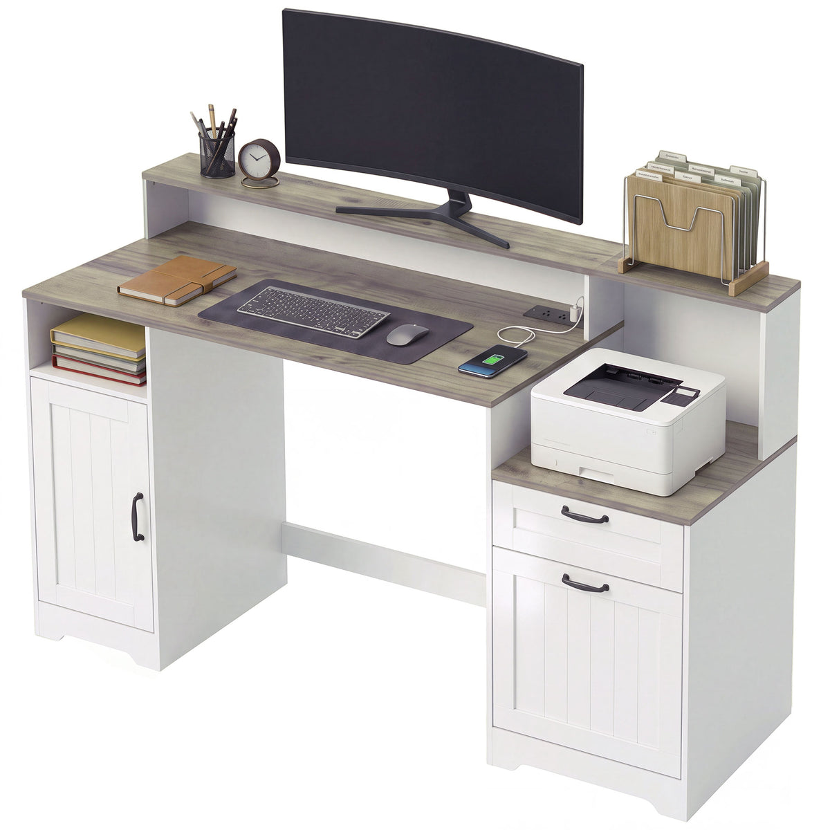 Farmhouse Computer Desk with Drawers, 65" Home Office Desk with Power Outlets, Storage Cabinet, Printer Stand, Monitor Stand, Adjustable Hanging Bar, Grey Brown and White