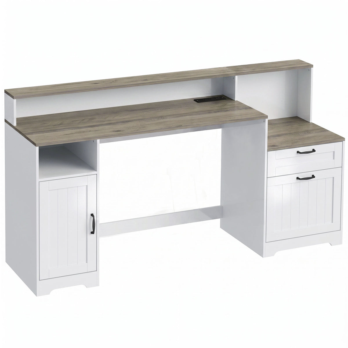 Farmhouse Computer Desk with Drawers, 65" Home Office Desk with Power Outlets, Storage Cabinet, Printer Stand, Monitor Stand, Adjustable Hanging Bar, Grey Brown and White