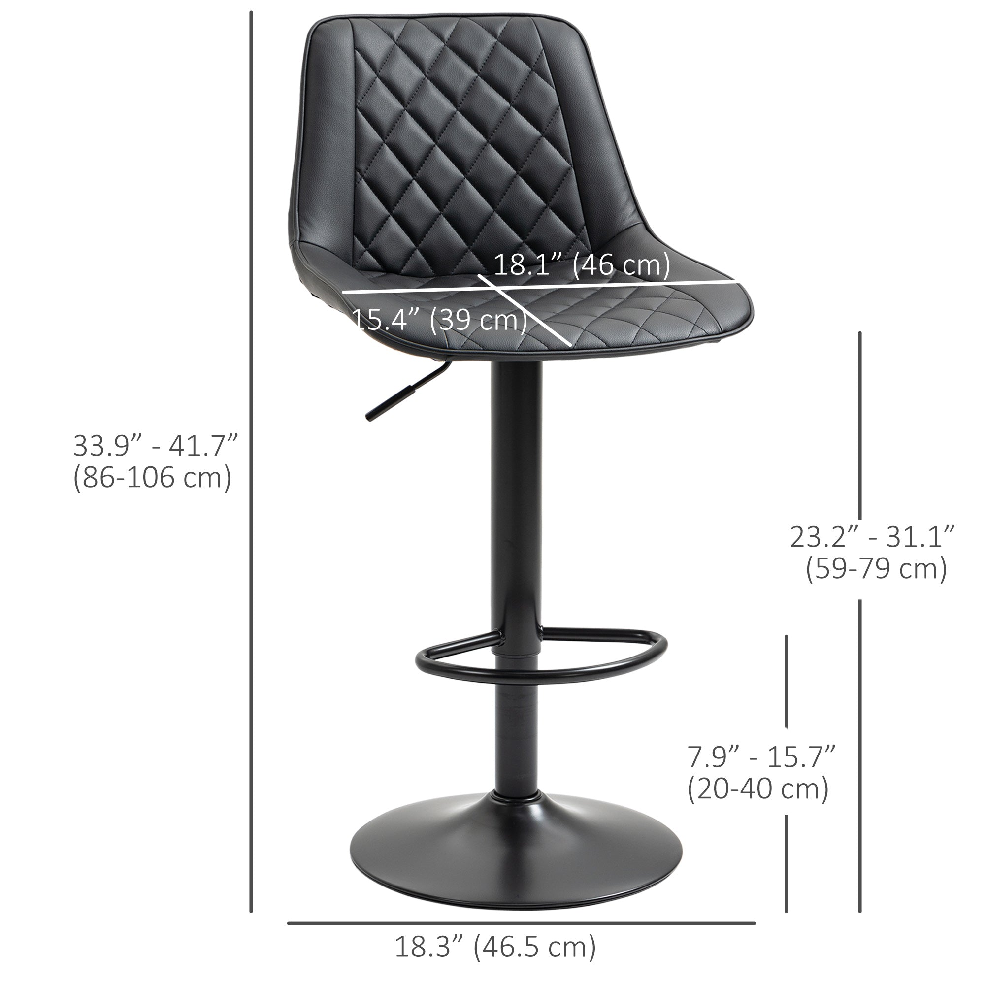 Bar Stools Set of 2, Modern Swivel Counter Height Barstools with Back, Footrest, Adjustable Height, PU Leather Bar Chairs for Kitchen Island, Dining Room, Black