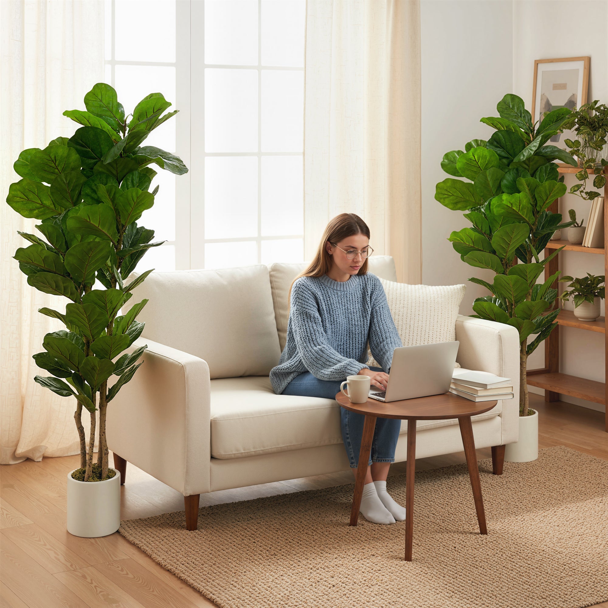 6FT Artificial Fiddle Leaf Fig Tree Set of 2 with Solid Wood Trunks, Lifelike Fake Tree with 91 Leaves in Pot for Indoor Living Room Office Home Decor, Green