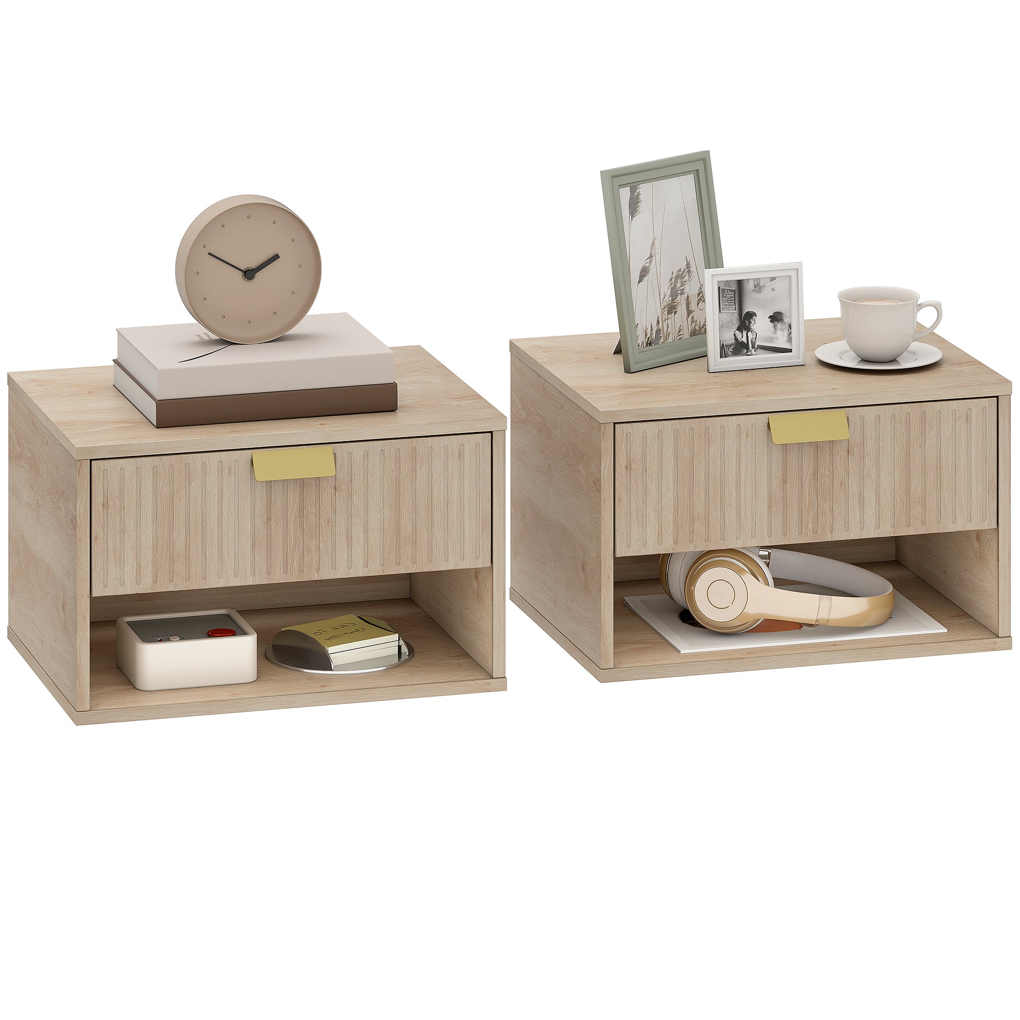 Floating Bedside Tables Set of 2, Wall Mounted Nightstands with Fluted Drawer and Open Shelf for Small Bedroom, Modern Bedside Table, 40 x 30 x 25 cm, Oak