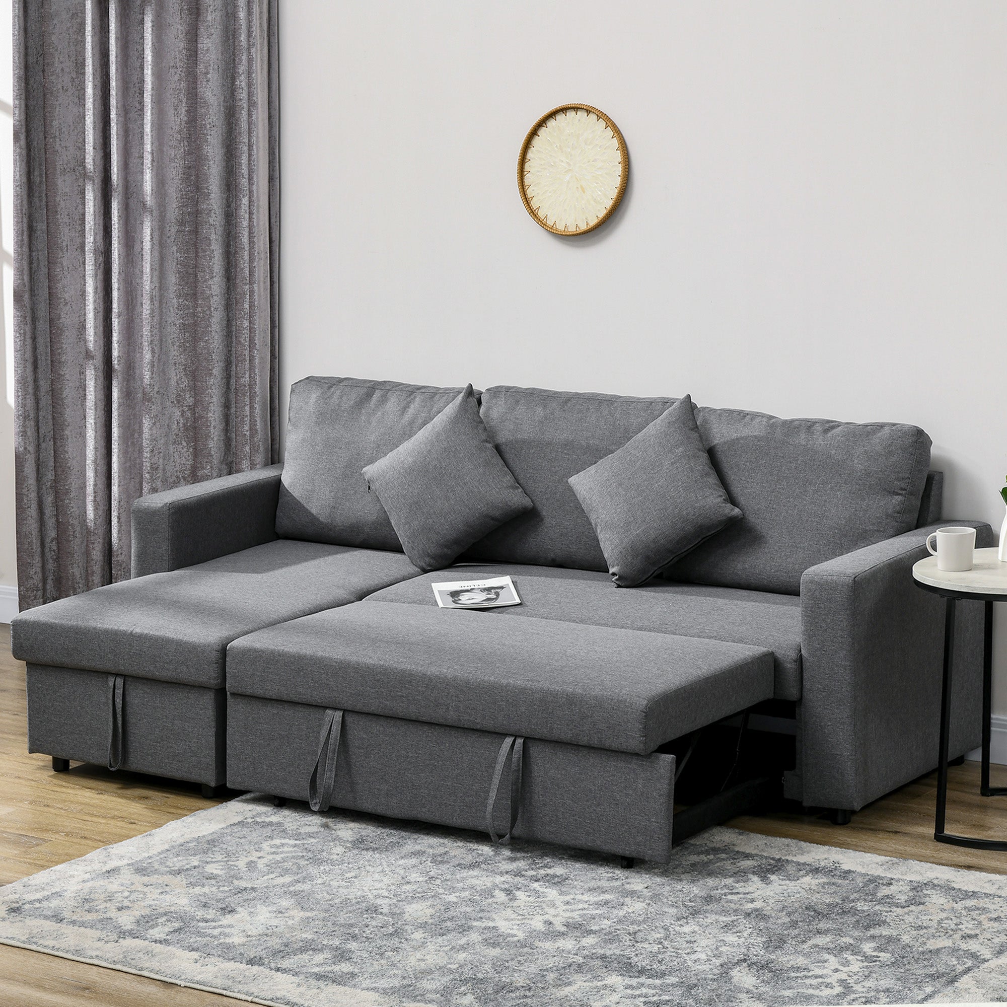 HOMCOM Corner Sofa Bed with Storage, 3 Seater Pull Out Sofa Bed, Convertible L Shape Sofa Couch with Reversible Chaise Lounge for Living Room, Dark Grey