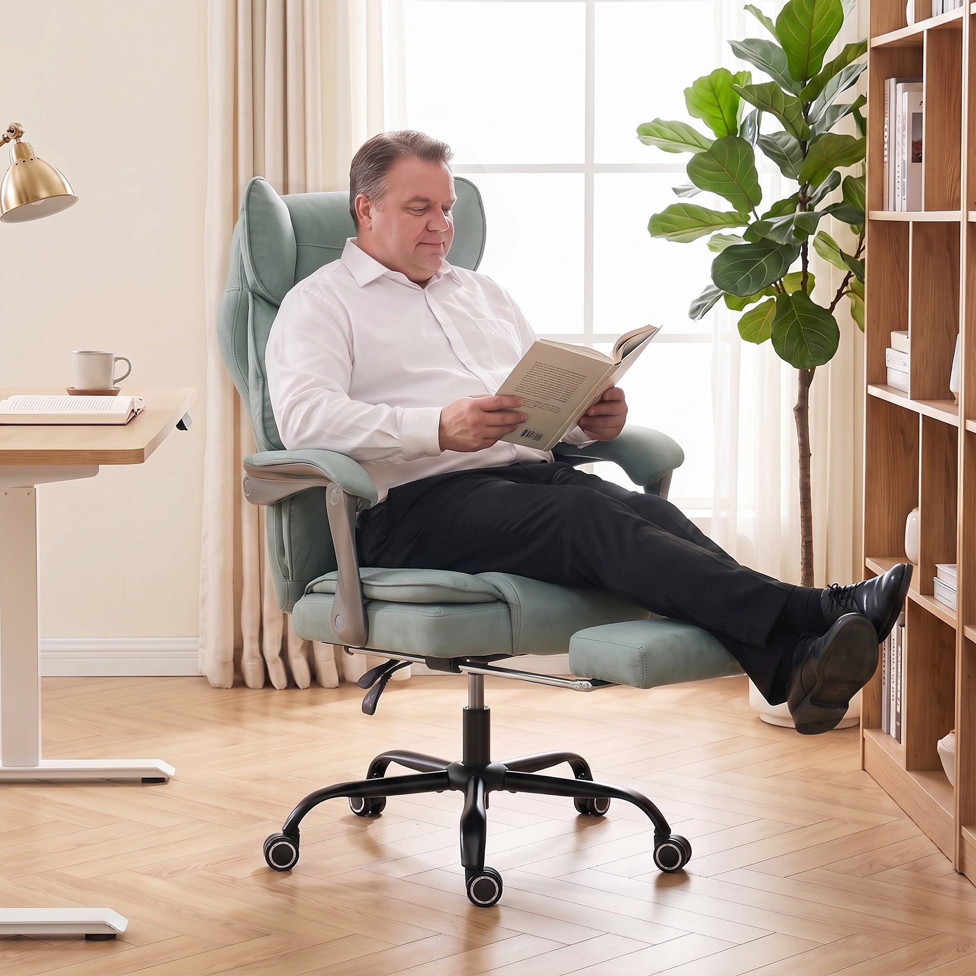 Executive Office Chair with Footrest, 180kg 400lb Big and Tall Leathaire Desk Chair with Wide Seat, Reclining Back, Lumbar Support, Built-in Headrest, Class 4 Gas Lift, Swivel Wheel, Blue