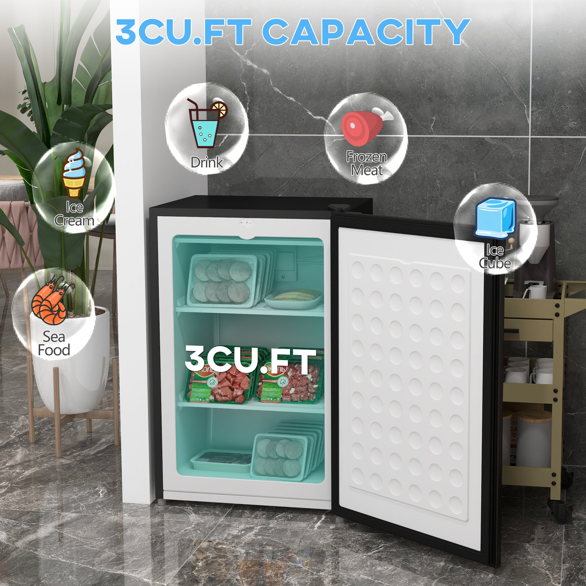 3 Cu Ft Upright Freezer with Reversible Door & Adjustable Thermostat, Black