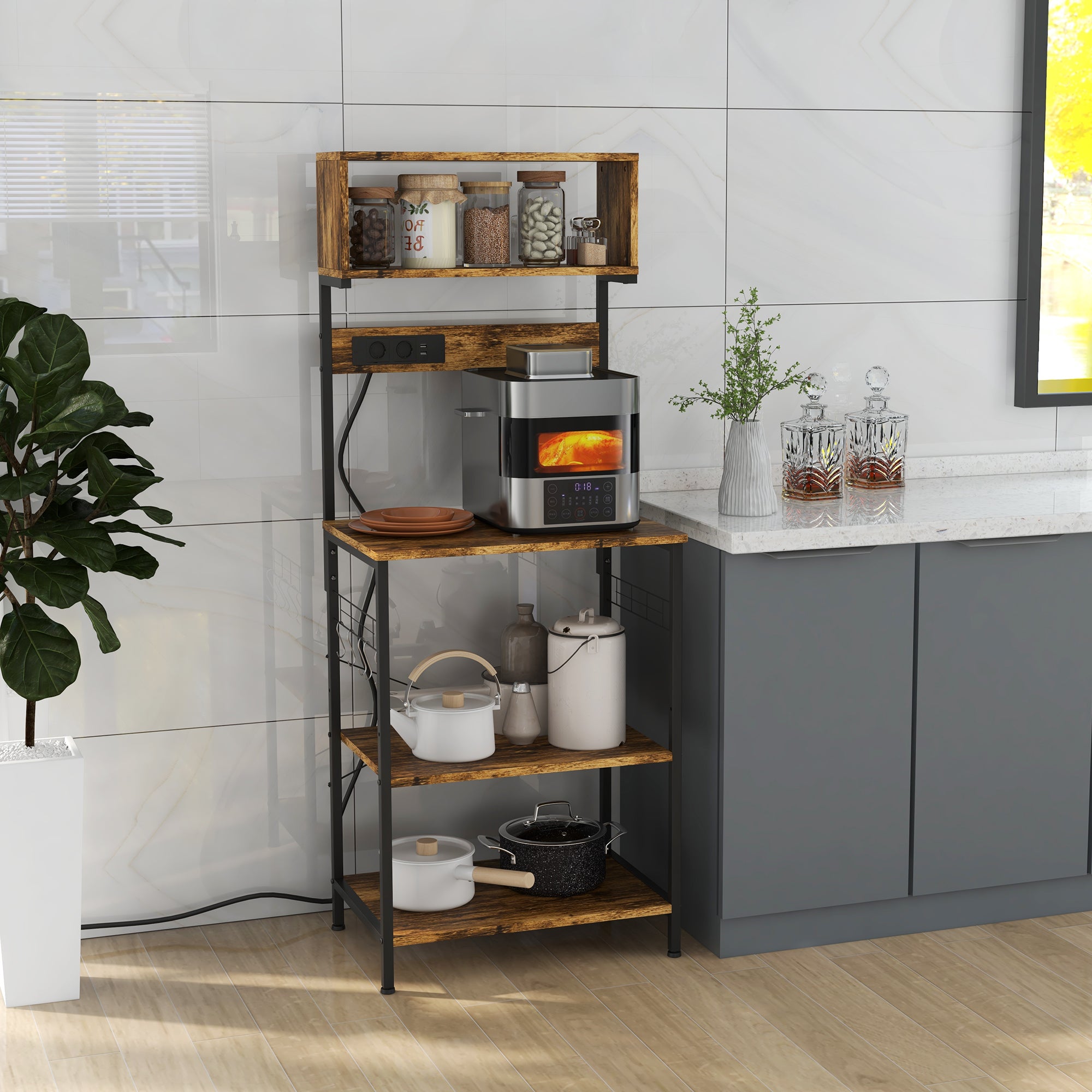 HOMCOM Kitchen Bakers Rack with Power Outlet, USB Charger, Microwave Stand, Coffee Bar with Adjustable Shelves, 5 Hooks for Spices, Pots and Pans, Rustic Brown