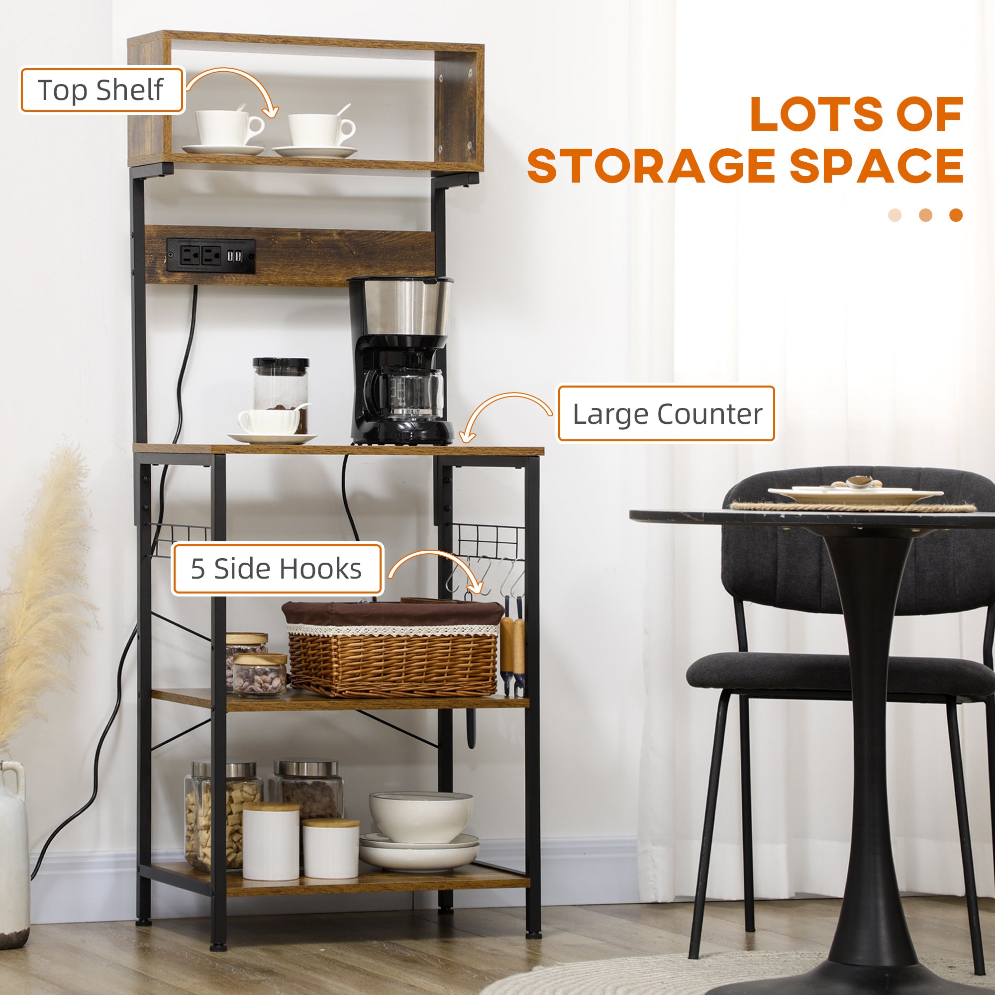 Baker's Rack with Power Outlet, USB Charger, Microwave Stand, Brown