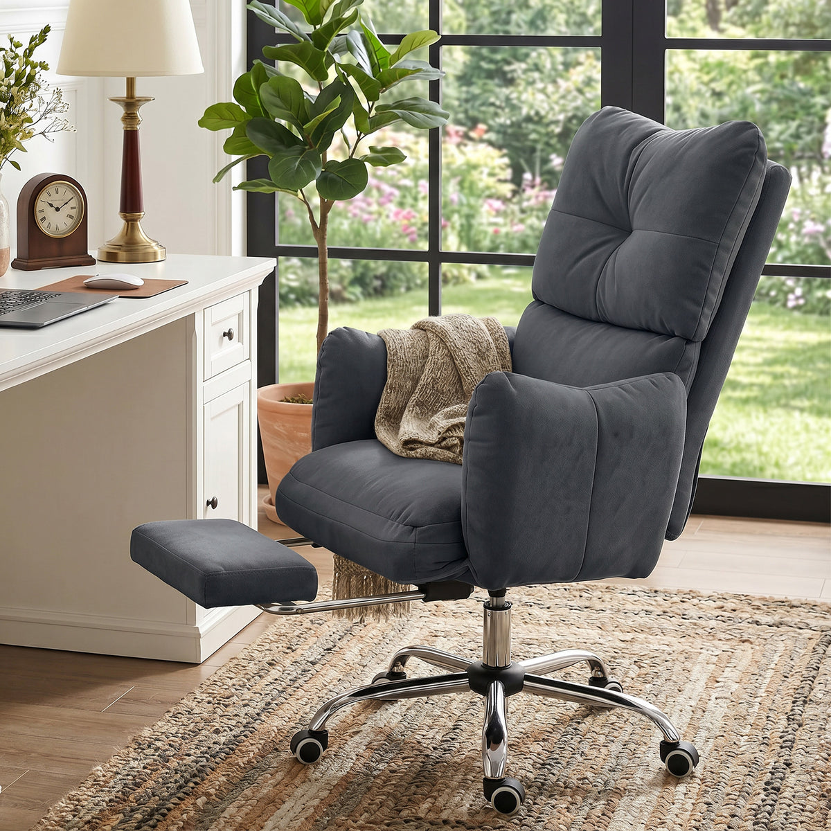 Office Chair with Foot Rest, Ergonomic Reclining Computer Gaming Chair with Snow Flannel Fabric, Thick Cushion, Padded Armrest, High Back and Adjustable Height, Dark Grey