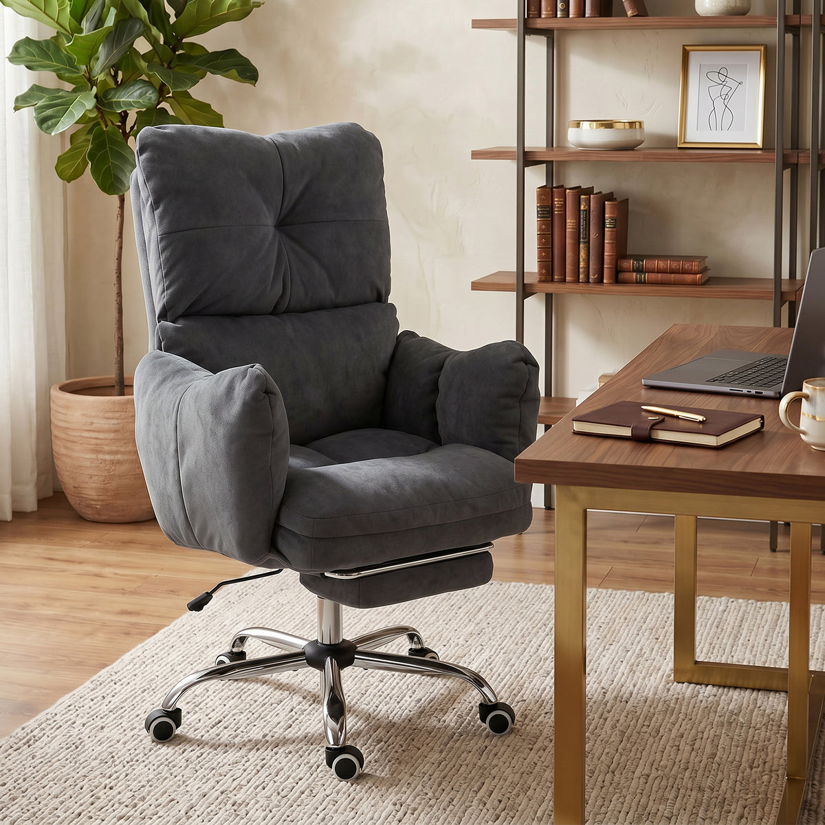 Office Chair with Foot Rest, Ergonomic Reclining Computer Gaming Chair with Snow Flannel Fabric, Thick Cushion, Padded Armrest, High Back and Adjustable Height, Dark Grey