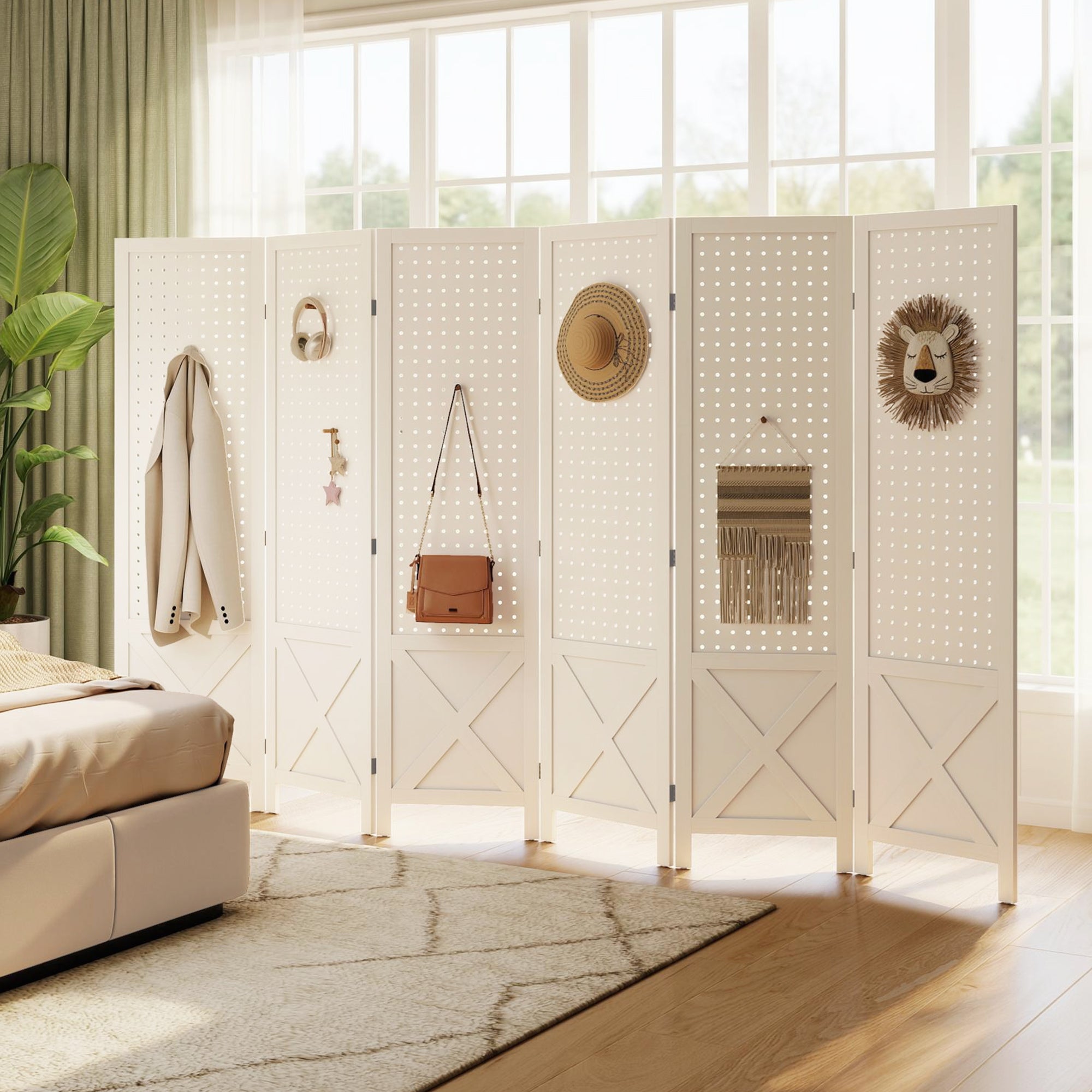 6 Panel Pegboard Display Room Divider, 56.9" Tall Wood Indoor Portable Folding Privacy Screen, Partition Wall Divider for Bedroom, White