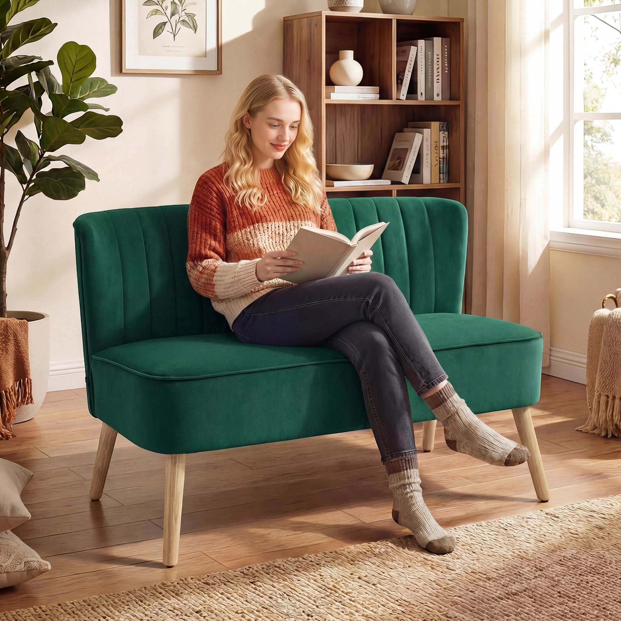 46" Loveseat Sofa, Linen Fabric Upholstered 2 Seater Small Sofa with Thick Padded Seat and Rubber Wood Legs for Living Room, Home Office, Dark Green