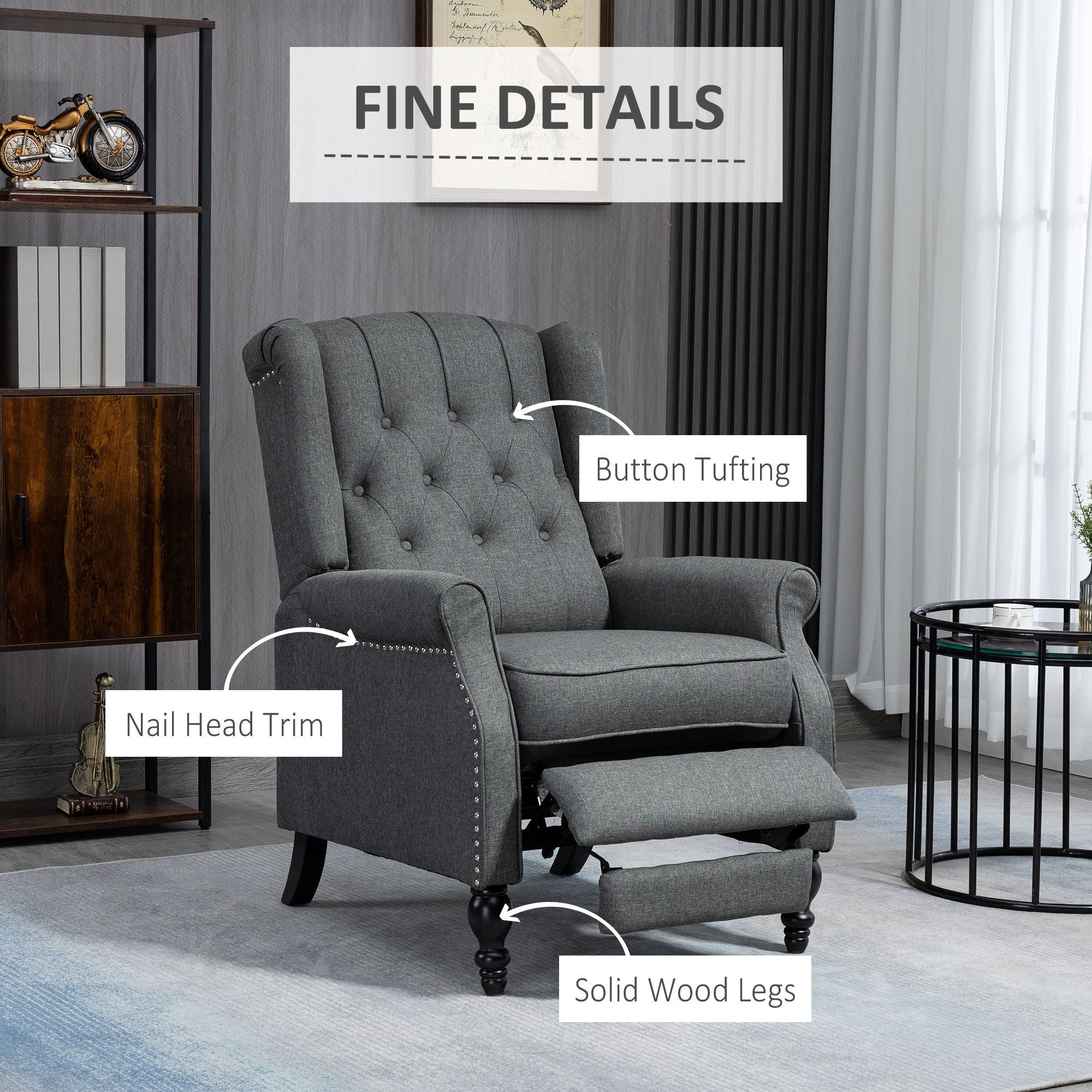 HOMCOM Fabric Recliner Chair for Living Room, Push Back Reclining Chair with Wingback, Button Tufted, Nail Head Trim, Footrest, Dark Grey