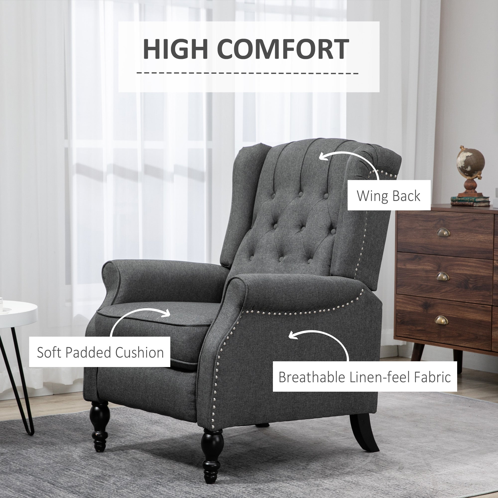 HOMCOM Fabric Recliner Chair for Living Room, Push Back Reclining Chair with Wingback, Button Tufted, Nail Head Trim, Footrest, Dark Grey