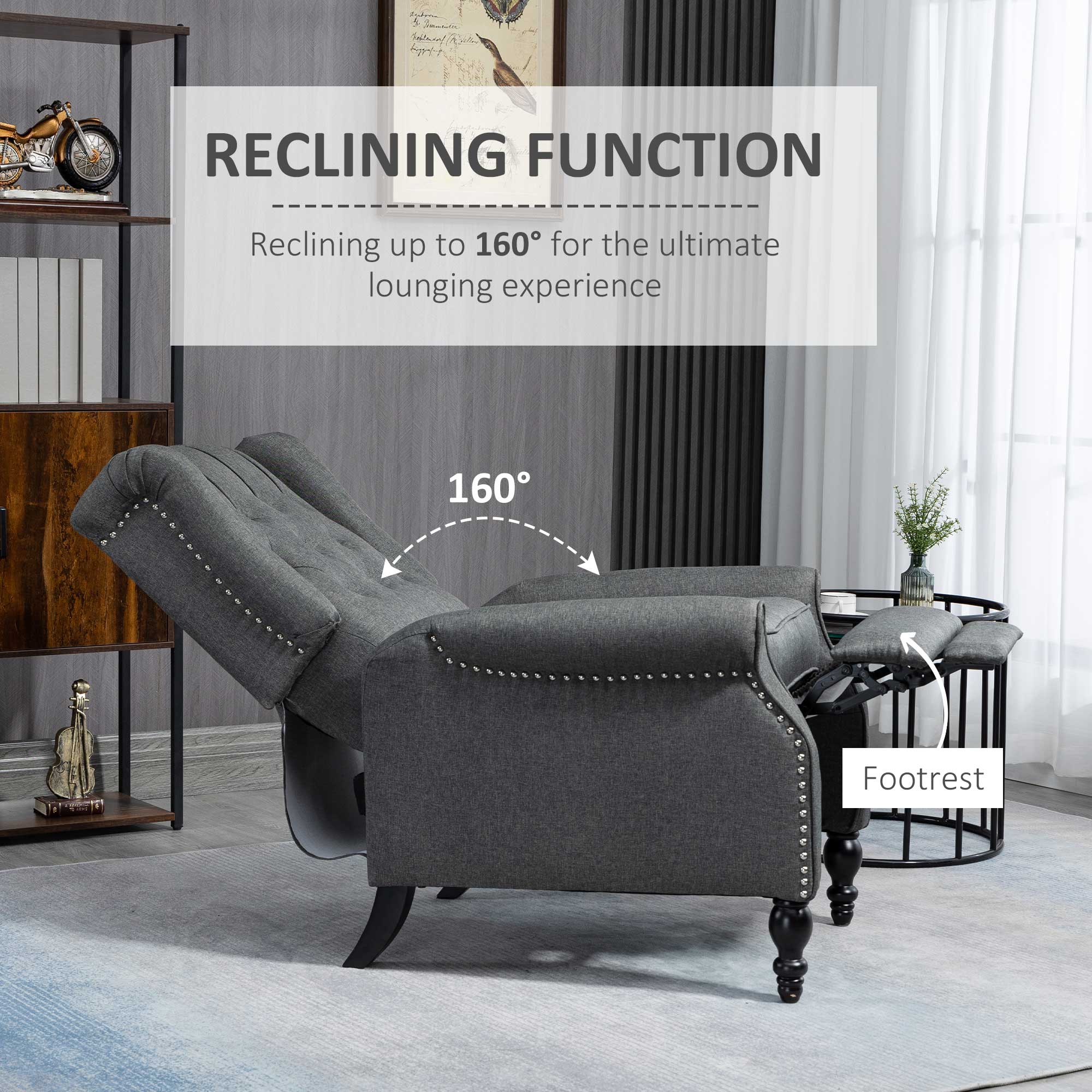 HOMCOM Fabric Recliner Chair for Living Room, Push Back Reclining Chair with Wingback, Button Tufted, Nail Head Trim, Footrest, Dark Grey