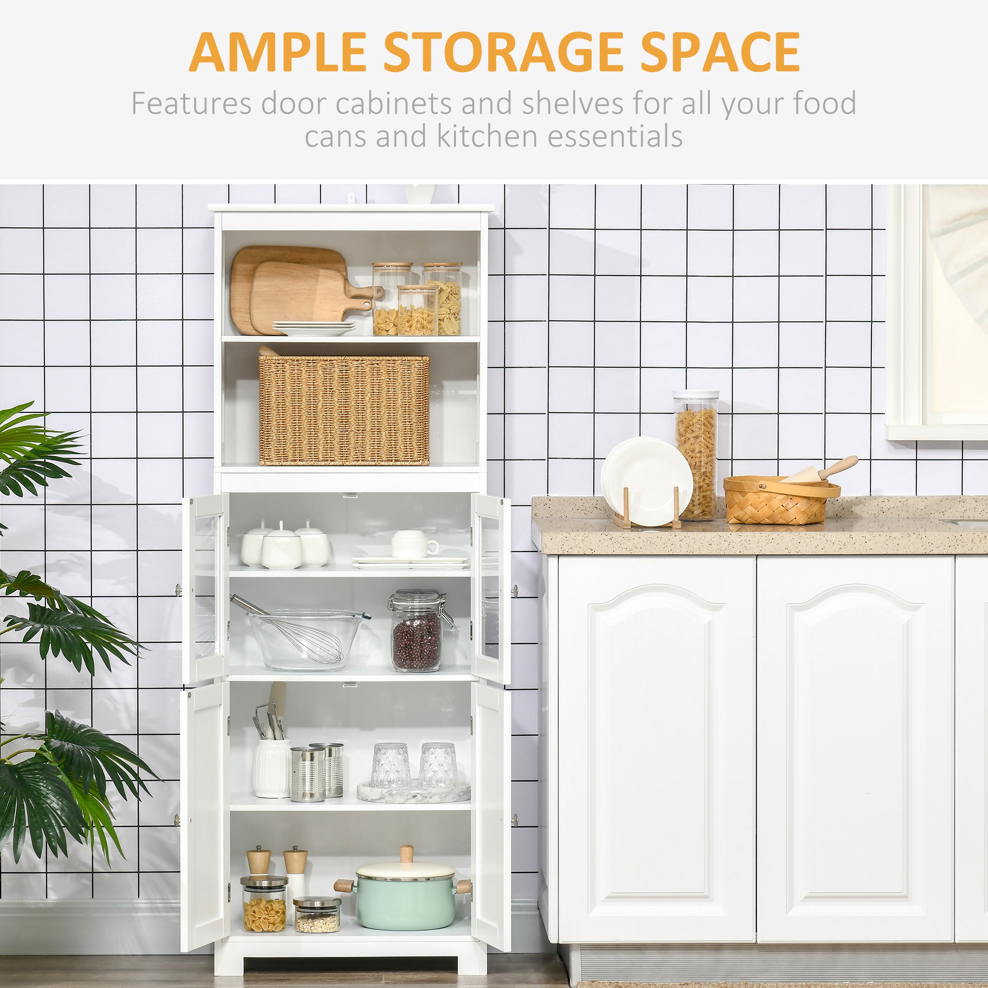 63" Small Buffet with Hutch, 4-Door Kitchen Pantry with Adjustable Shelf, White