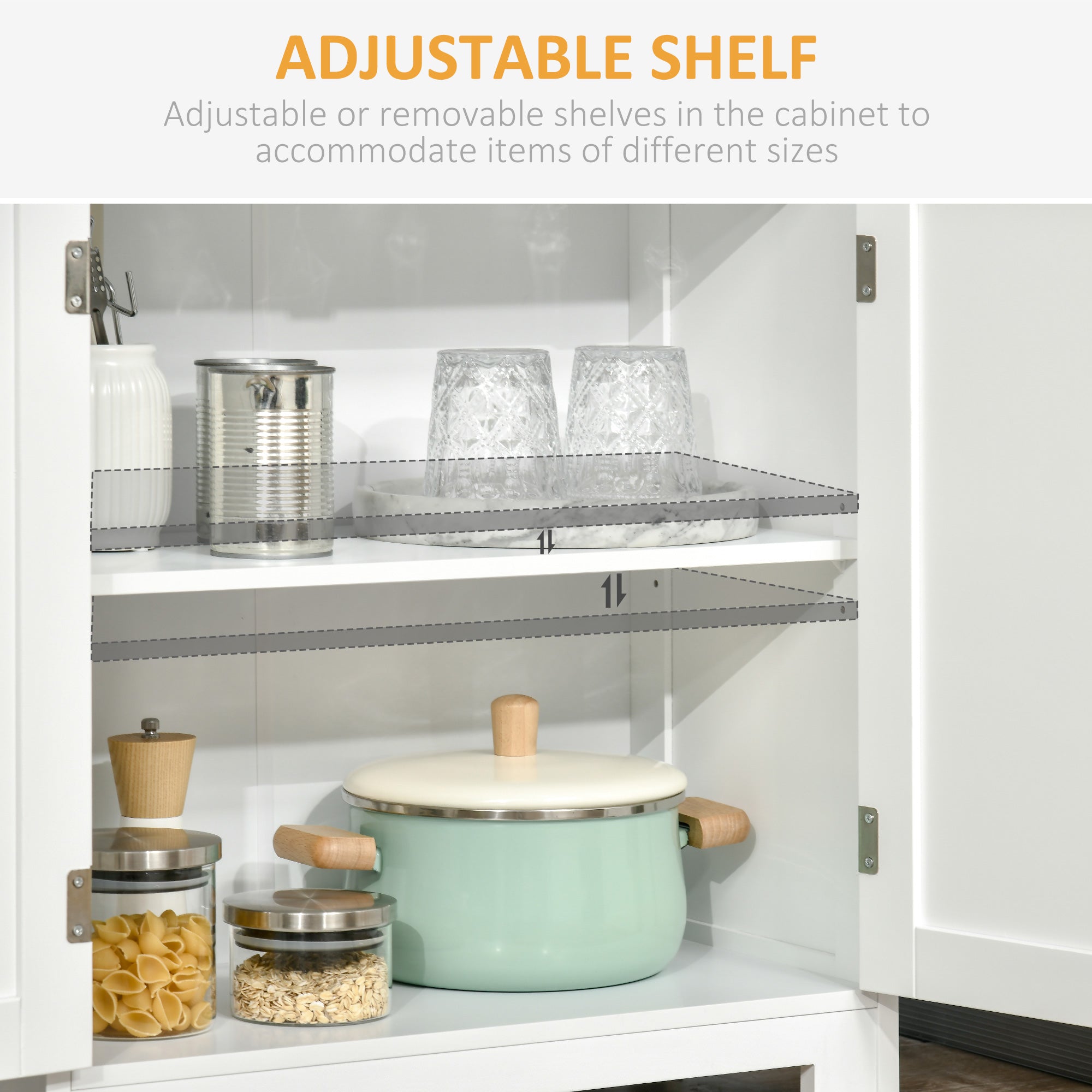 63" Small Buffet with Hutch, 4-Door Kitchen Pantry with Adjustable Shelf, White