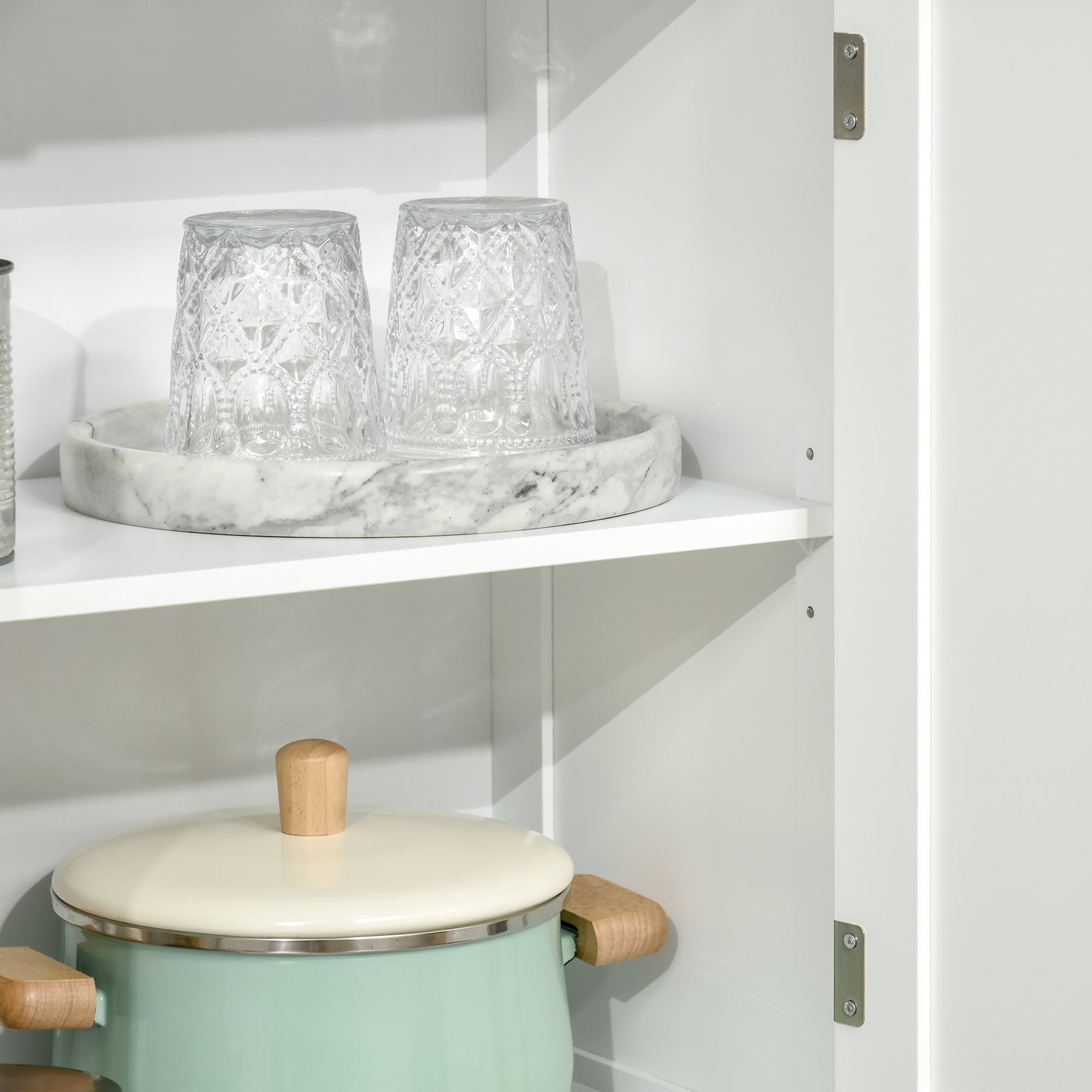 63" Small Buffet with Hutch, 4-Door Kitchen Pantry with Adjustable Shelf, White