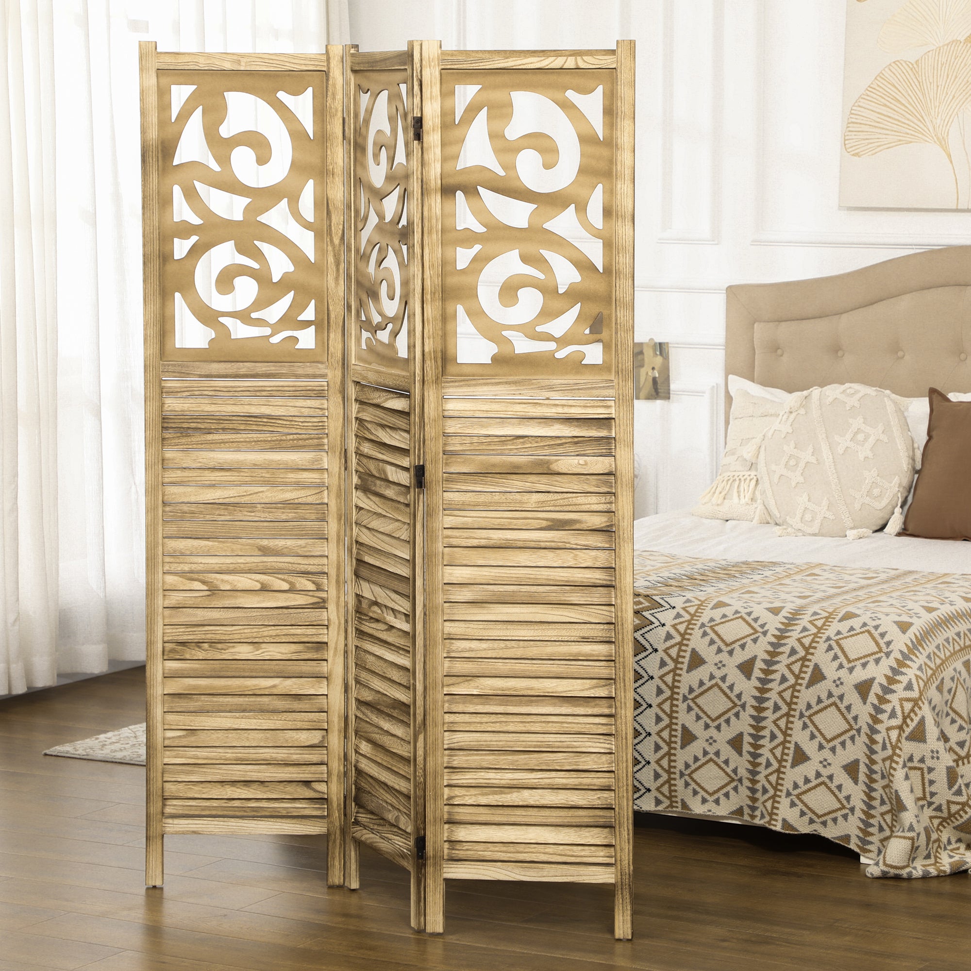 3 Panel Wooden Room Divider, Folding Privacy Screen for Home Office, 63"x67"x0.75"