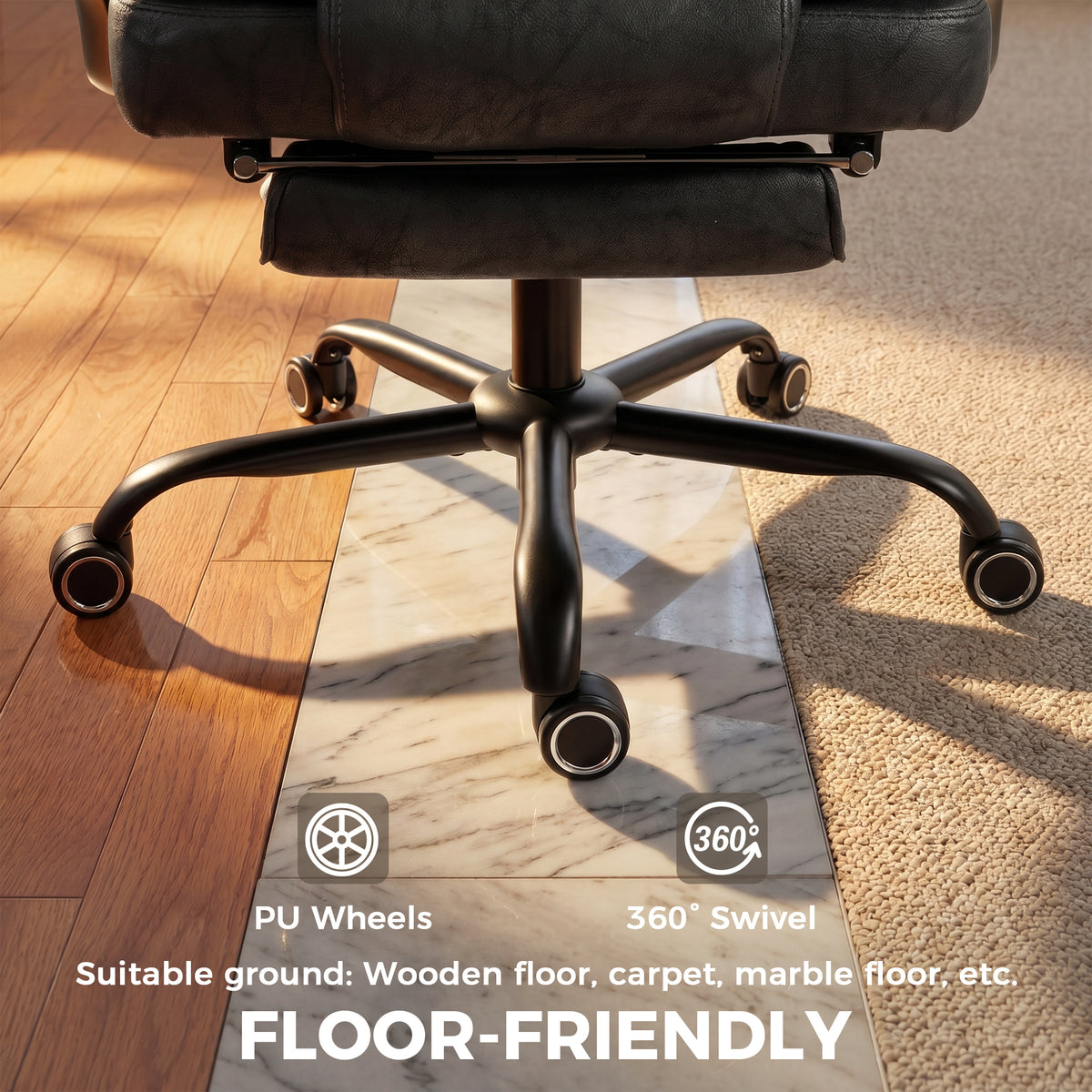 Executive Office Chair with Footrest, 400lb Big and Tall Leathaire Desk Chair with Wide Seat, Reclining Back, Lumbar Support, Built-in Headrest, Class 4 Gas Lift, Black