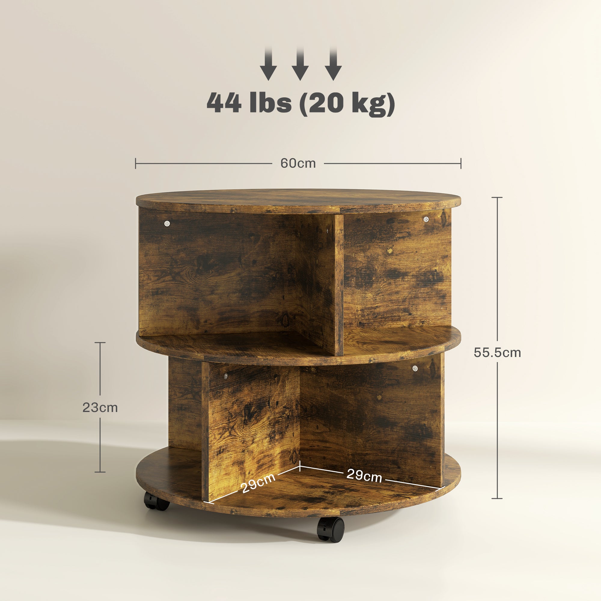 HOMCOM Round Coffee Table, Movable Centre Table with Divided Shelves and Rolling Wheels, 3 Tier Living Room Table, Rustic Brown