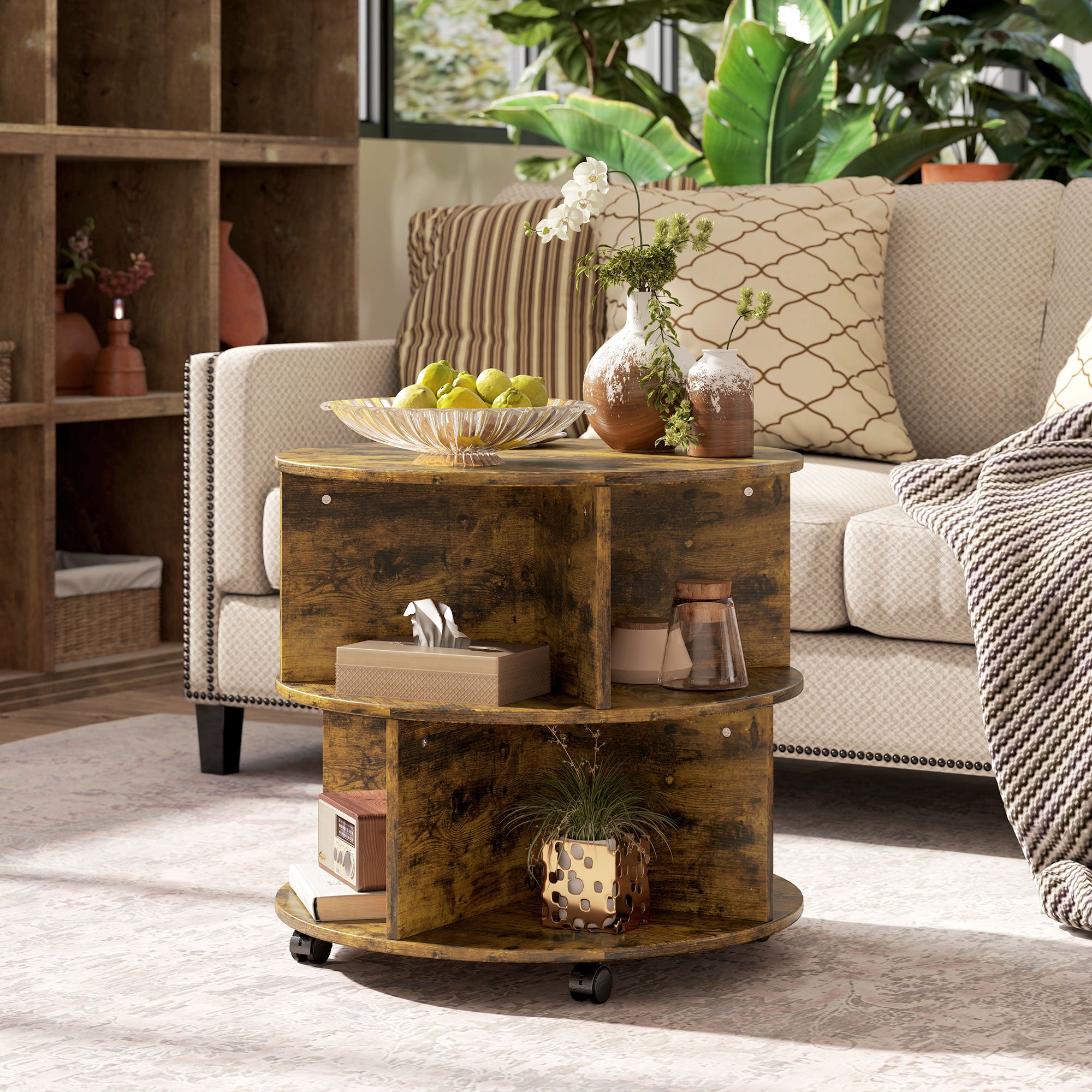 HOMCOM Round Coffee Table, Movable Centre Table with Divided Shelves and Rolling Wheels, 3 Tier Living Room Table, Rustic Brown
