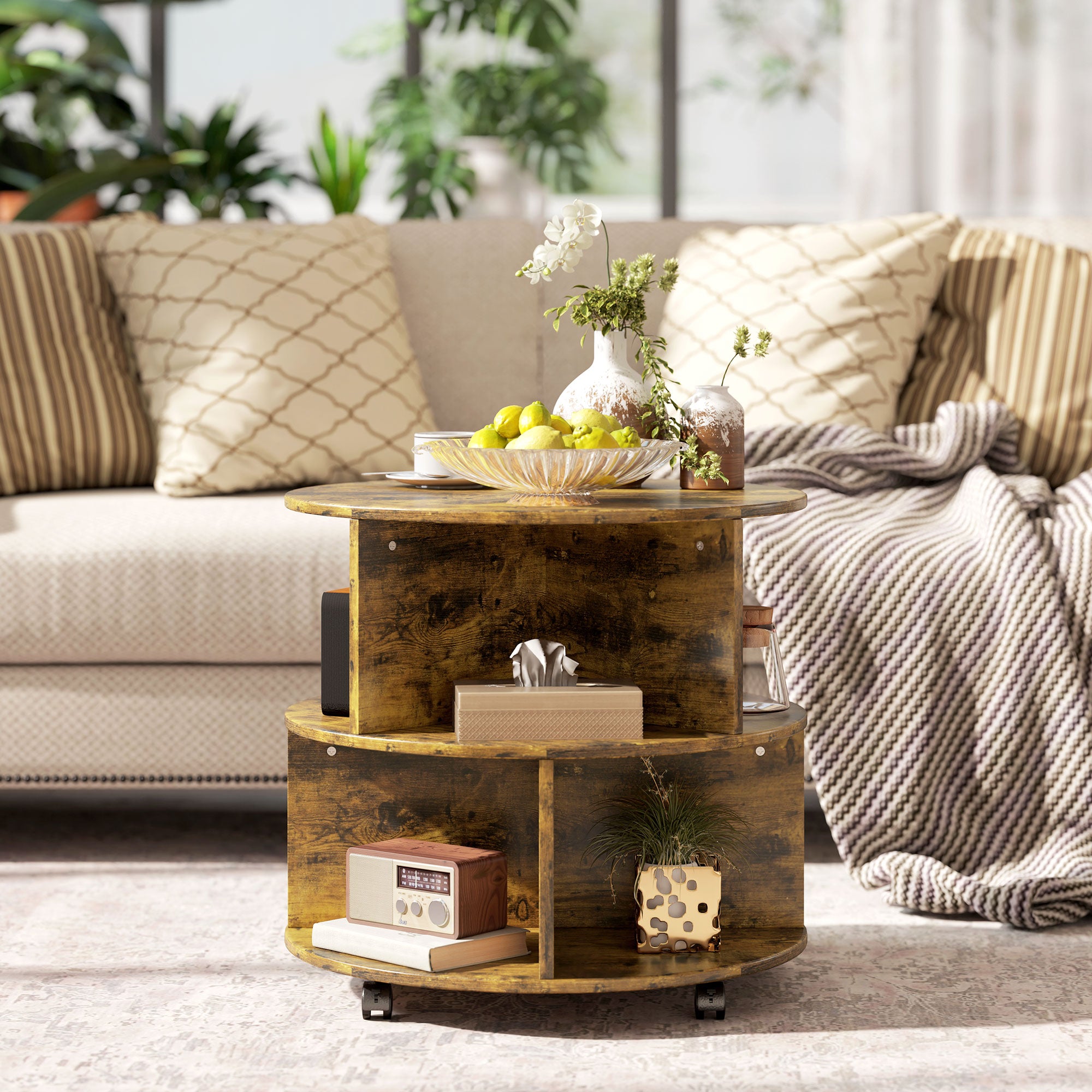 HOMCOM Round Coffee Table, Movable Centre Table with Divided Shelves and Rolling Wheels, 3 Tier Living Room Table, Rustic Brown
