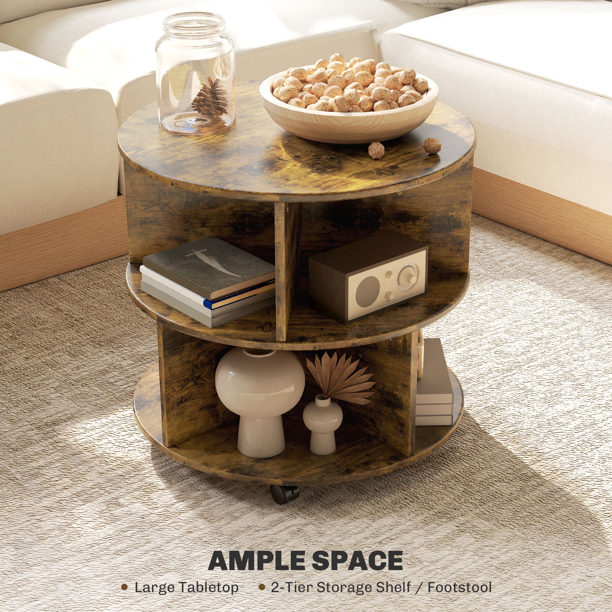 HOMCOM Round Coffee Table, Movable Centre Table with Divided Shelves and Rolling Wheels, 3 Tier Living Room Table, Rustic Brown