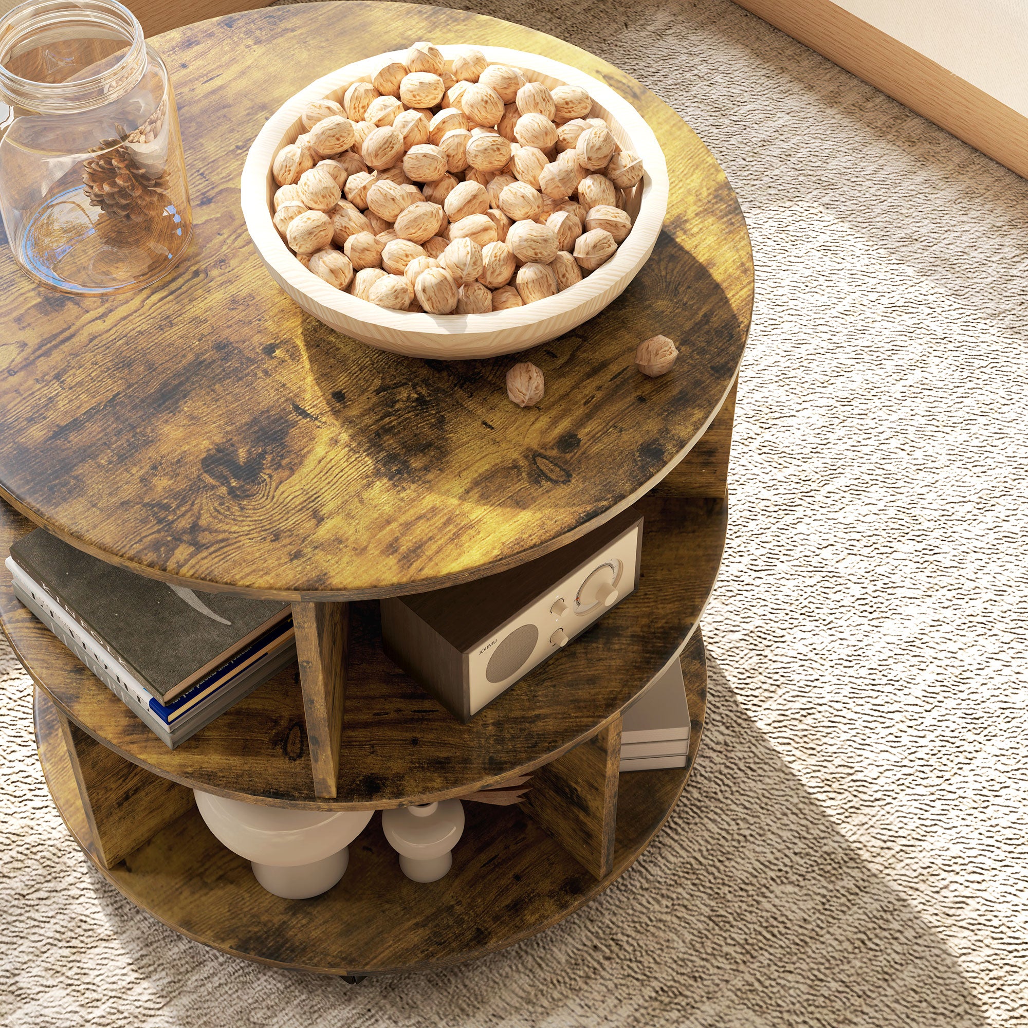 HOMCOM Round Coffee Table, Movable Centre Table with Divided Shelves and Rolling Wheels, 3 Tier Living Room Table, Rustic Brown