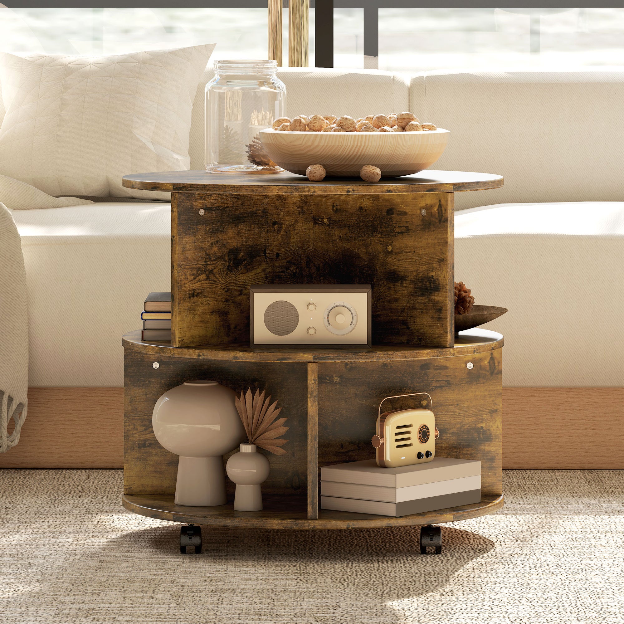 HOMCOM Round Coffee Table, Movable Centre Table with Divided Shelves and Rolling Wheels, 3 Tier Living Room Table, Rustic Brown