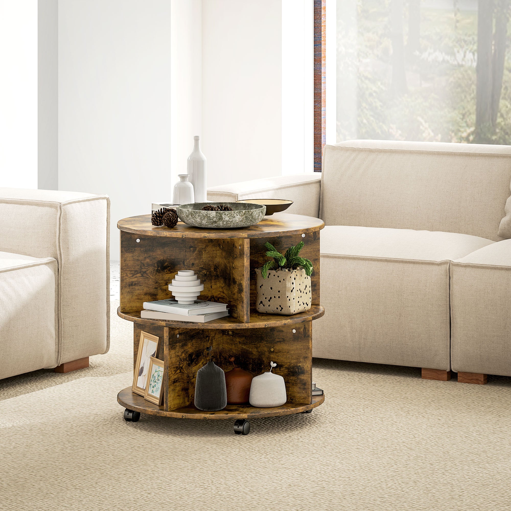 HOMCOM Round Coffee Table, Movable Centre Table with Divided Shelves and Rolling Wheels, 3 Tier Living Room Table, Rustic Brown