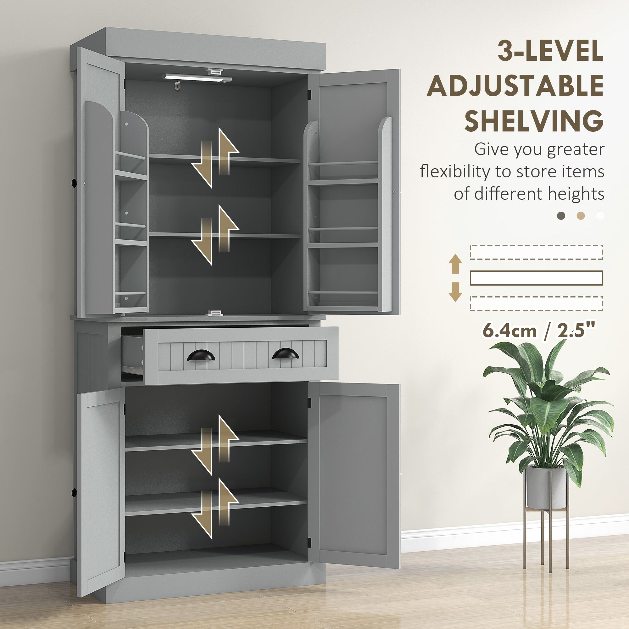 71" Kitchen Pantry Cabinet w/ LED Lights, 6 Door Shelves & 4 Adjustable Shelves, Gray - HOMCOM