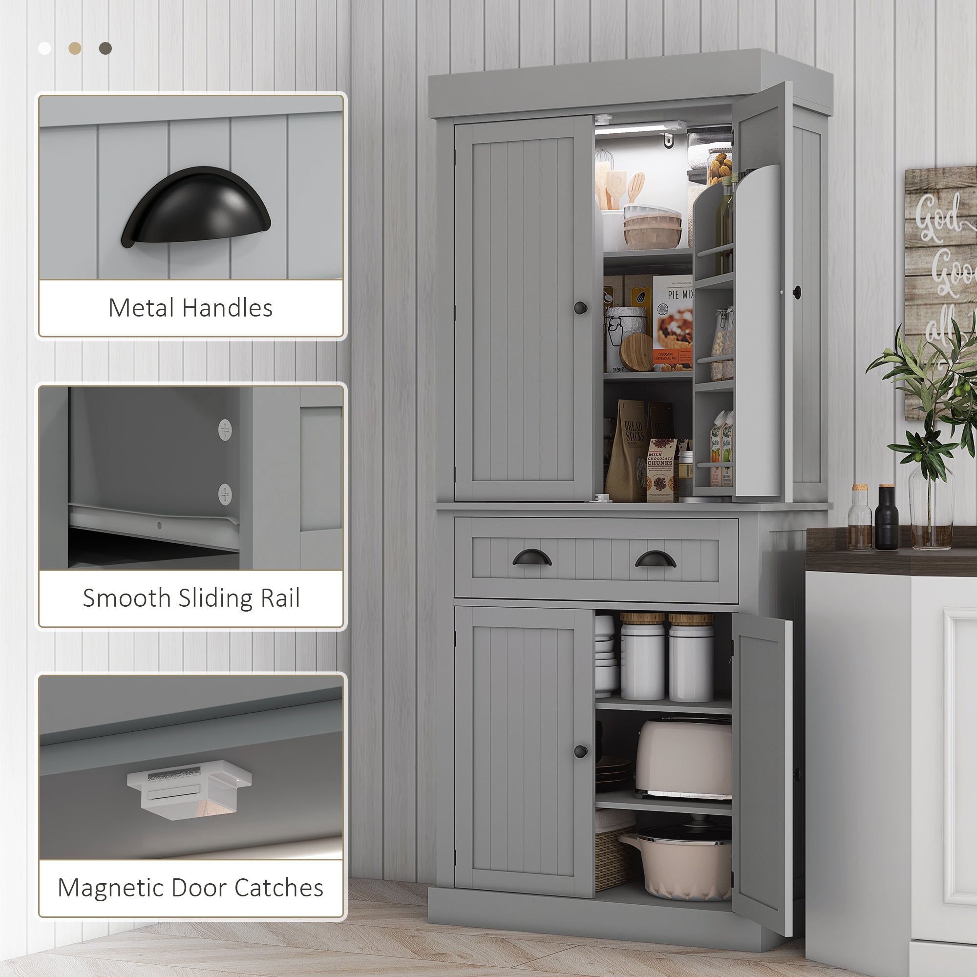 71" Kitchen Pantry Cabinet w/ LED Lights, 6 Door Shelves & 4 Adjustable Shelves, Gray