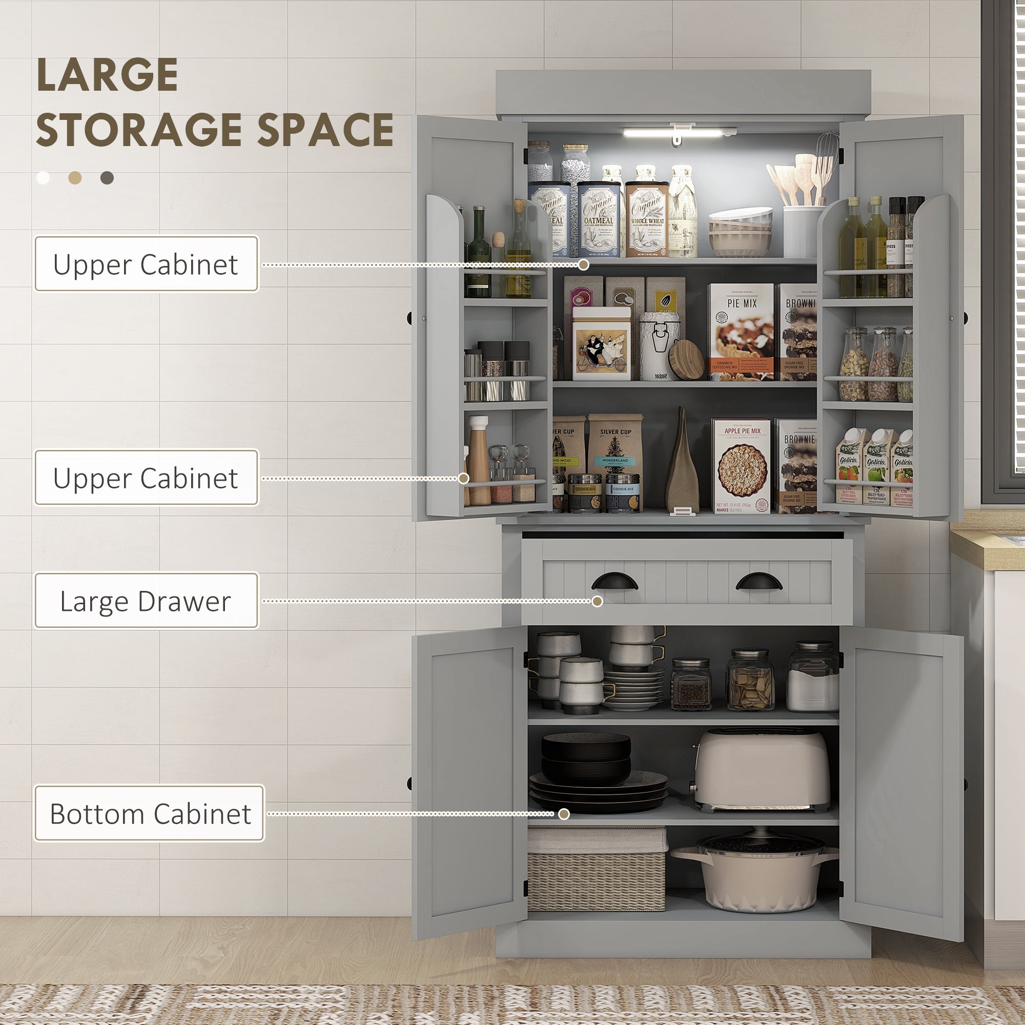 71" Kitchen Pantry Cabinet w/ LED Lights, 6 Door Shelves & 4 Adjustable Shelves, Gray - HOMCOM