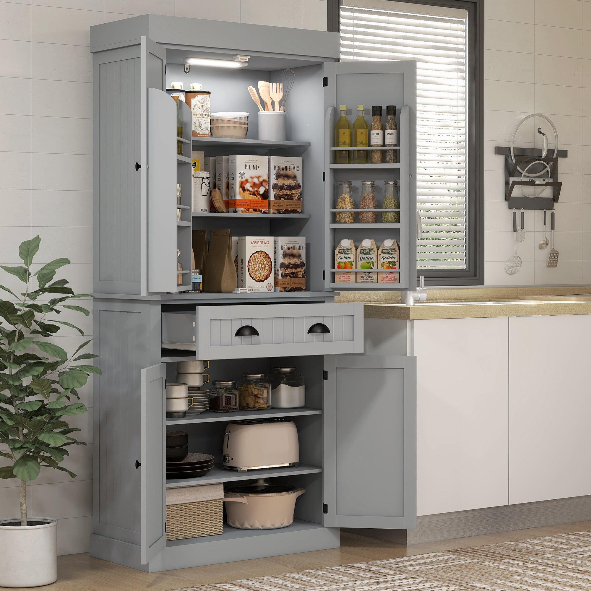 71" Kitchen Pantry Cabinet w/ LED Lights, 6 Door Shelves & 4 Adjustable Shelves, Gray - HOMCOM