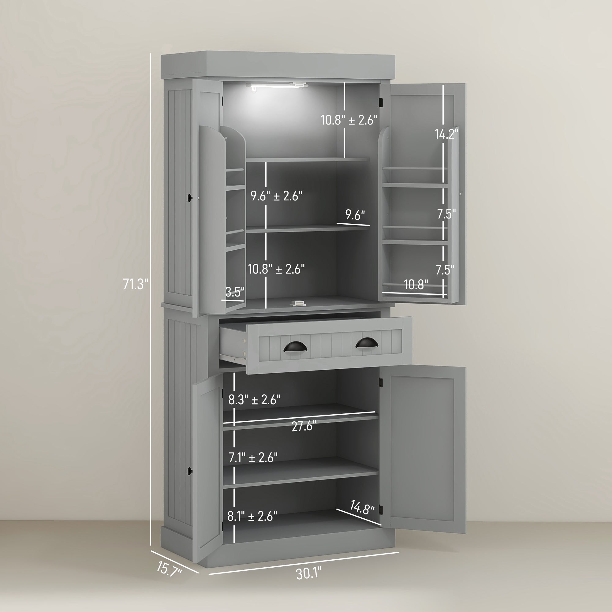 71" Kitchen Pantry Cabinet w/ LED Lights, 6 Door Shelves & 4 Adjustable Shelves, Gray - HOMCOM