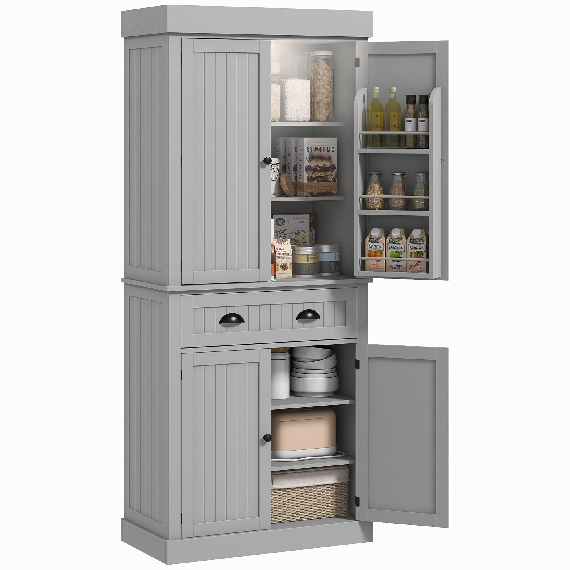 71" Kitchen Pantry Cabinet w/ LED Lights, 6 Door Shelves & 4 Adjustable Shelves, Gray