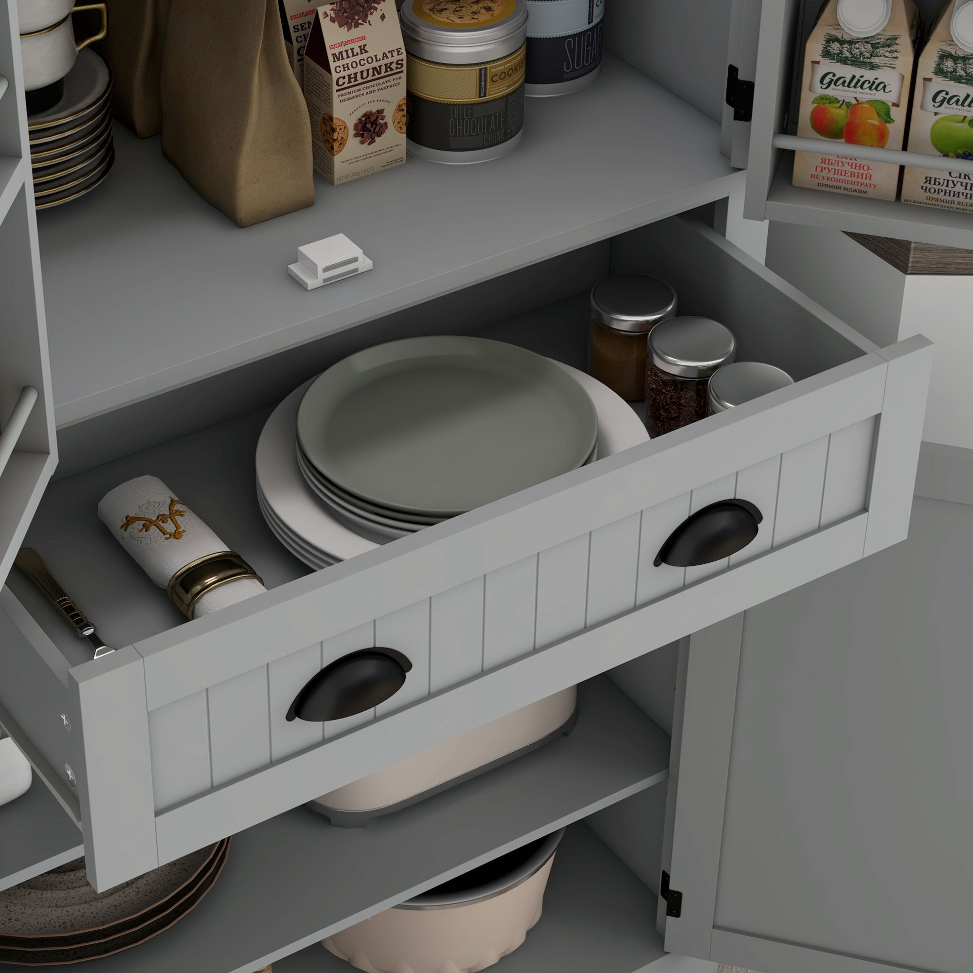 71" Kitchen Pantry Cabinet w/ LED Lights, 6 Door Shelves & 4 Adjustable Shelves, Gray