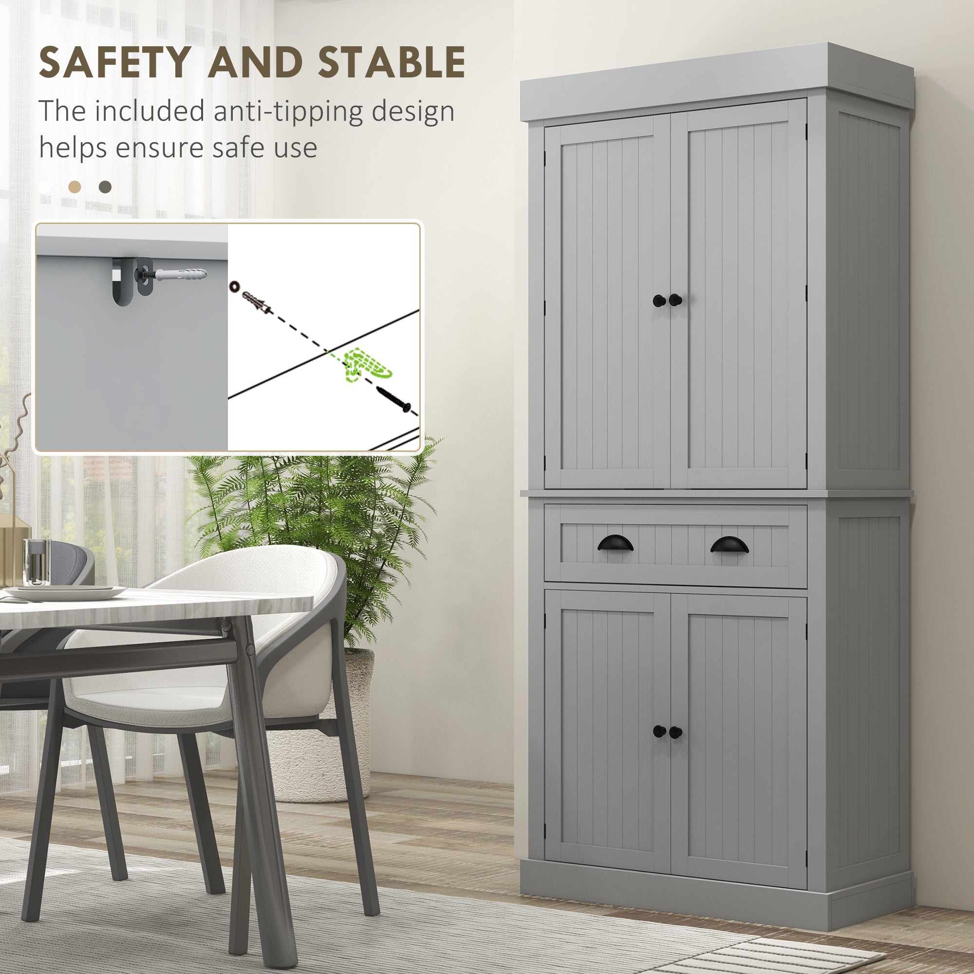 71" Kitchen Pantry Cabinet w/ LED Lights, 6 Door Shelves & 4 Adjustable Shelves, Gray