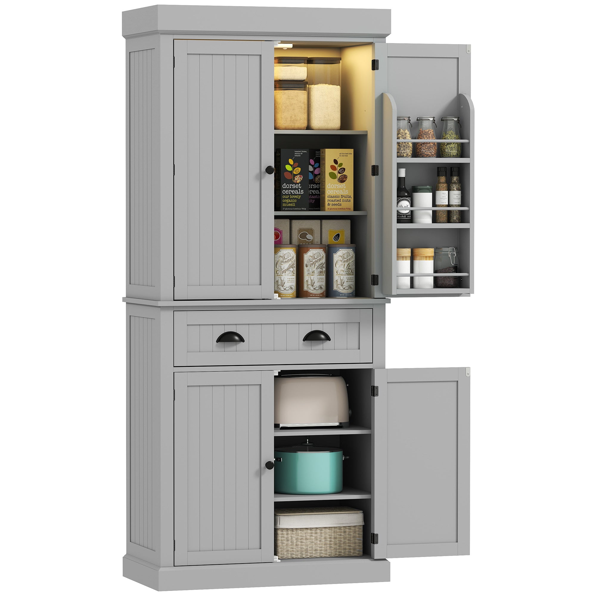 71" Pantry Cabinet with LED Motion Sensor Light, Freestanding Kitchen Pantry with 6 Spice Racks, Drawer and Adjustable Shelves, Tall Buffet Cabinet with Hutch, Grey