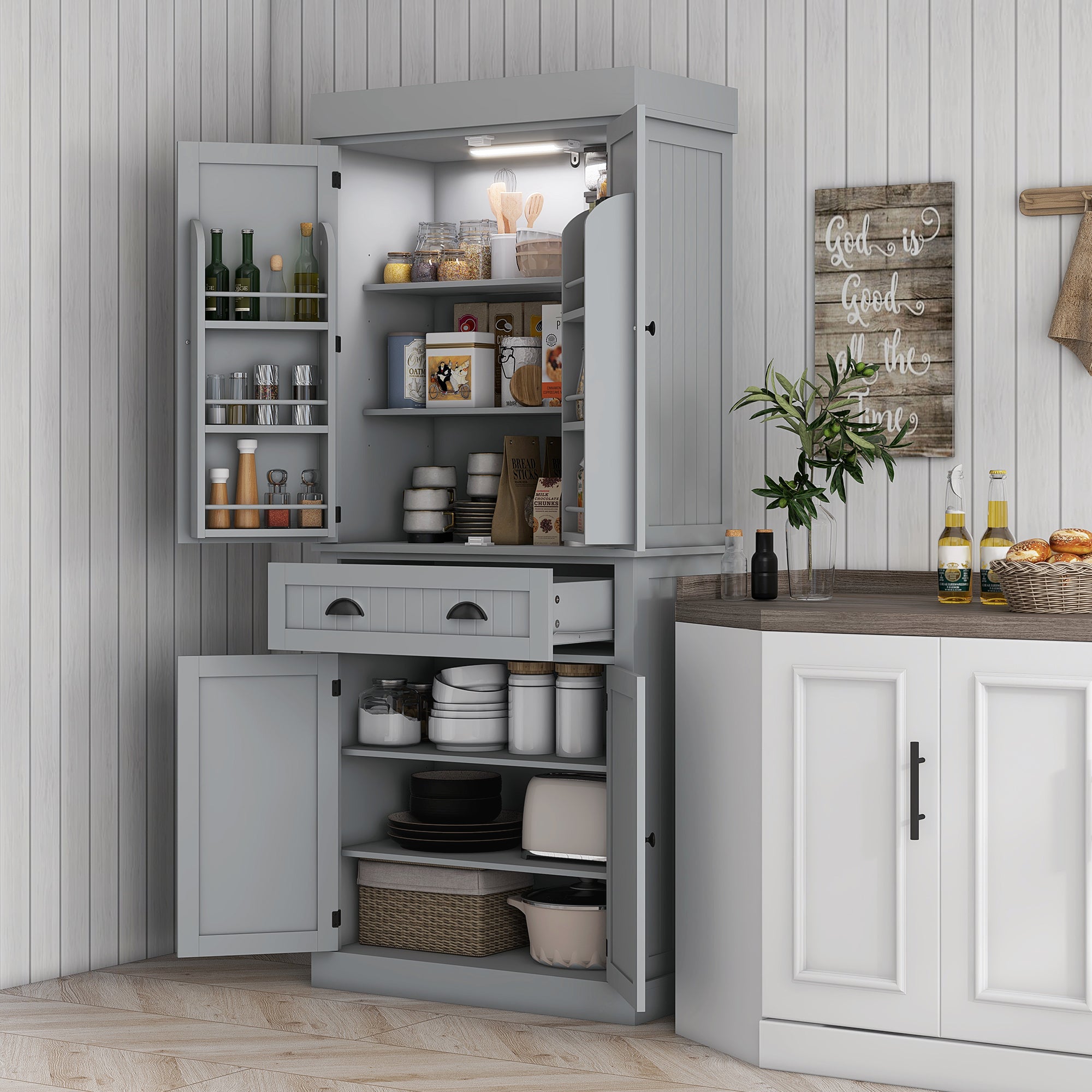 71" Kitchen Pantry Cabinet w/ LED Lights, 6 Door Shelves & 4 Adjustable Shelves, Gray - HOMCOM